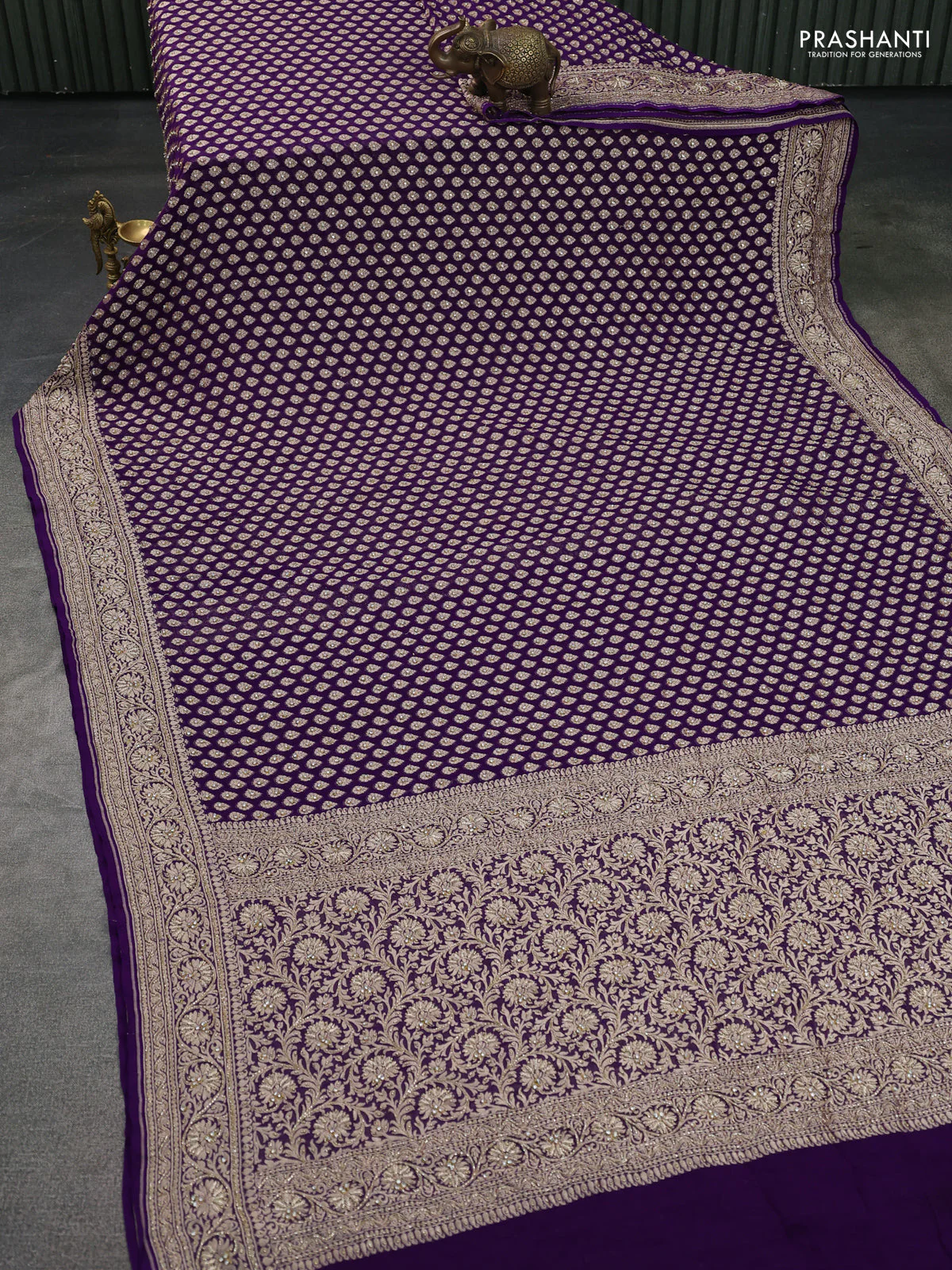 Banarasi georgette saree violet with woven buttas & stone work and zardosi work border - Image 2