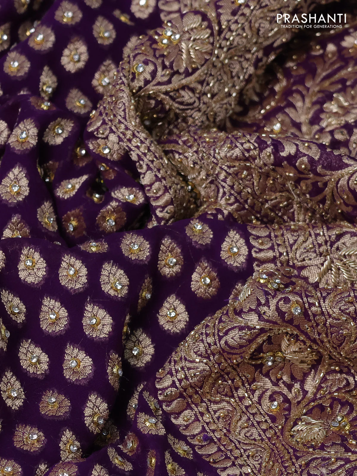 Banarasi georgette saree violet with woven buttas & stone work and zardosi work border - Image 3
