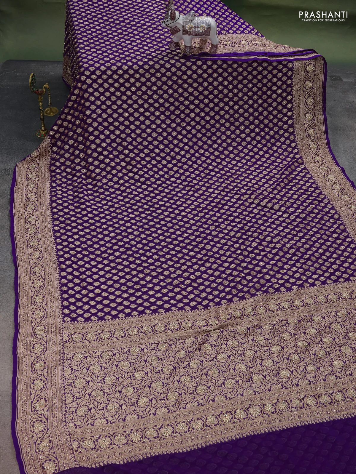 Banarasi georgette saree violet with woven buttas & stone work and zardosi work border - Image 2