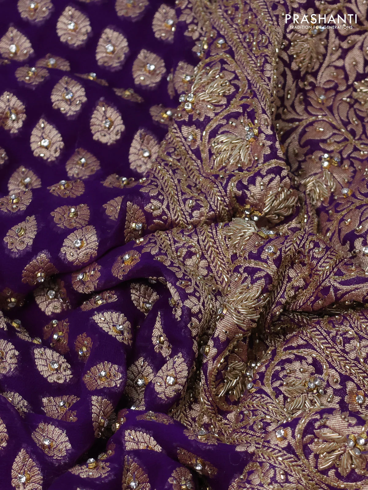 Banarasi georgette saree violet with woven buttas & stone work and zardosi work border - Image 3