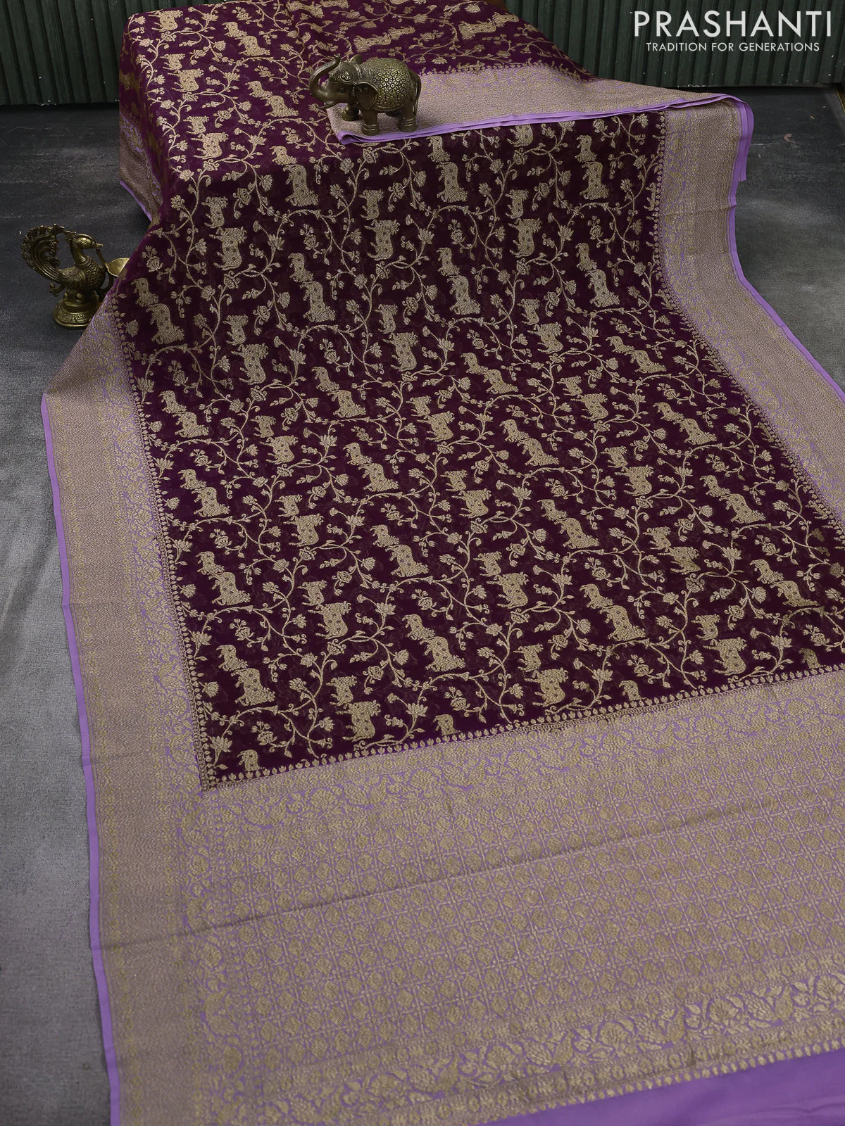 Banarasi georgette saree wine shade and lavender with allover thread & zari weaves and woven border - Image 2