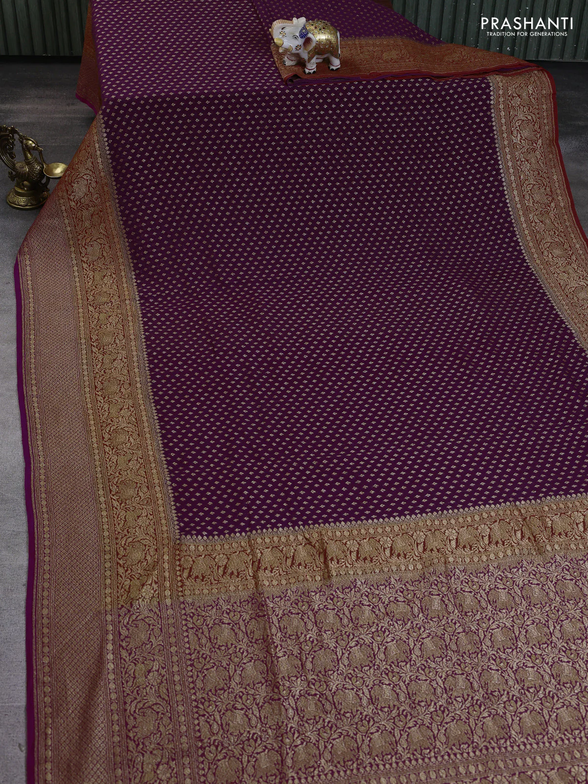 Banarasi georgette saree wine shade and orange pink with allover thread & zari woven buttas and long woven border - Image 2