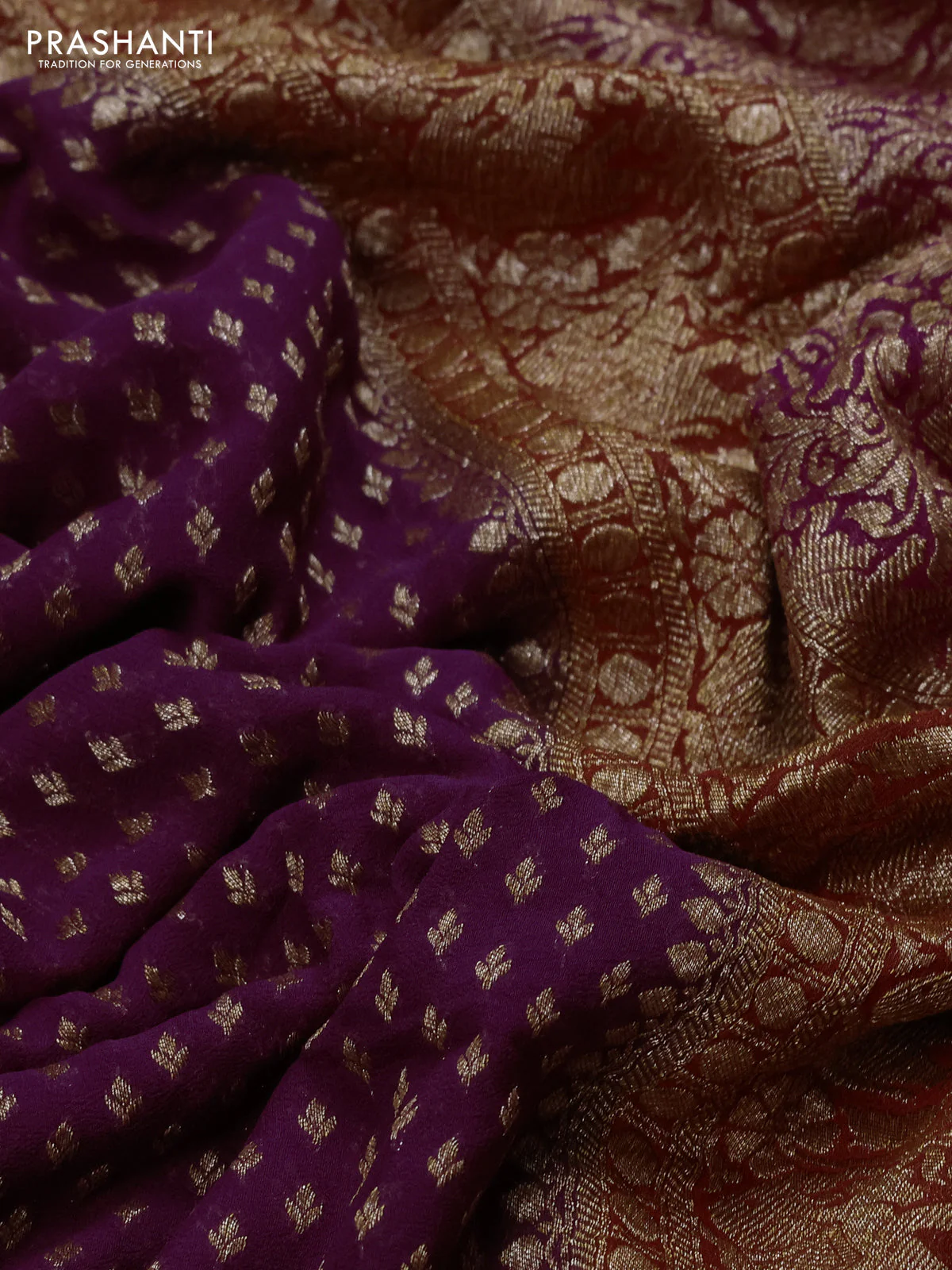Banarasi georgette saree wine shade and orange pink with allover thread & zari woven buttas and long woven border - Image 3