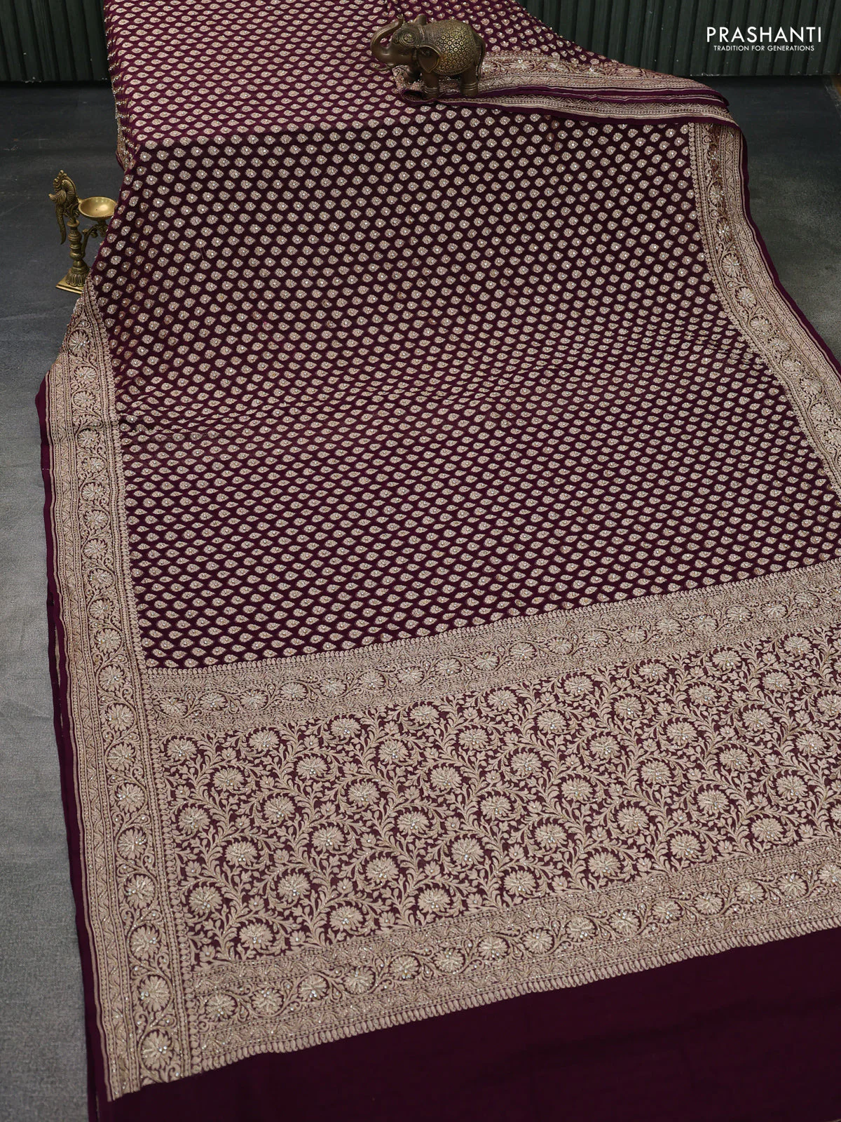 Banarasi georgette saree wine shade with woven buttas & stone work and zardosi work border - Image 2