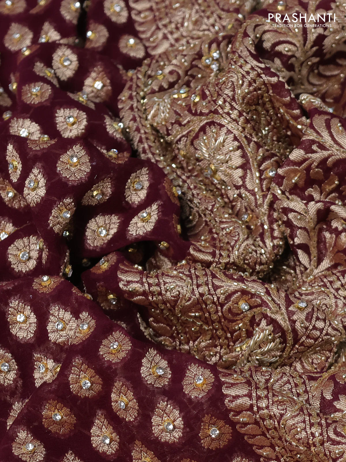 Banarasi georgette saree wine shade with woven buttas & stone work and zardosi work border - Image 3