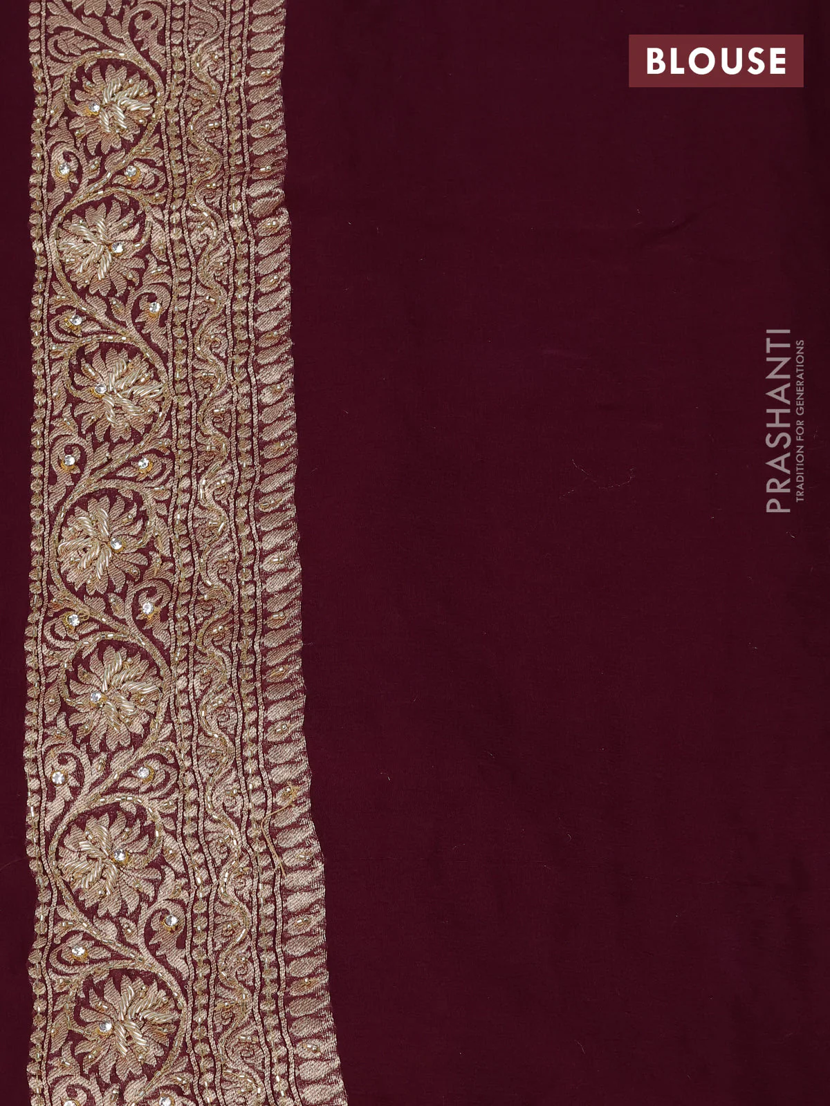 Banarasi georgette saree wine shade with woven buttas & stone work and zardosi work border - Image 4