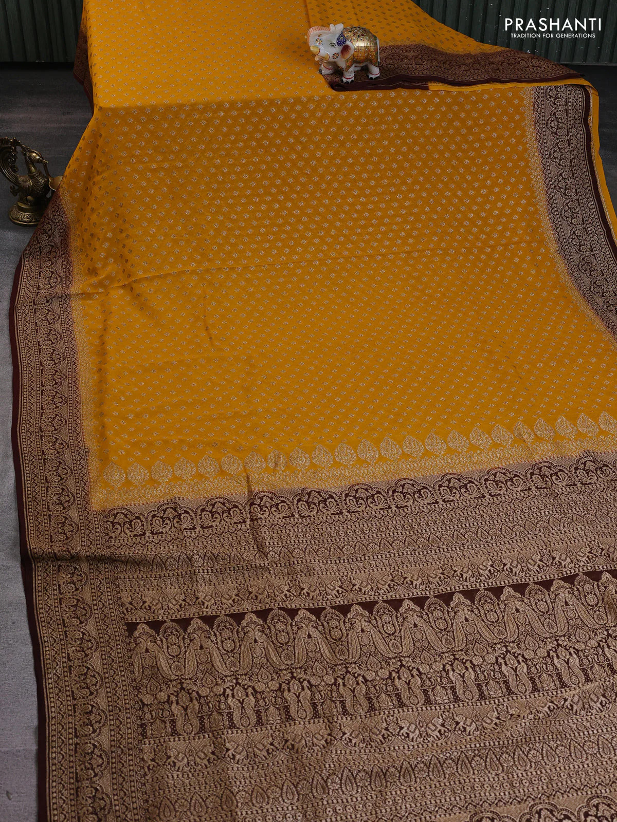 Banarasi georgette saree yellow and brown with allover thread & zari woven buttas and woven border - Image 2