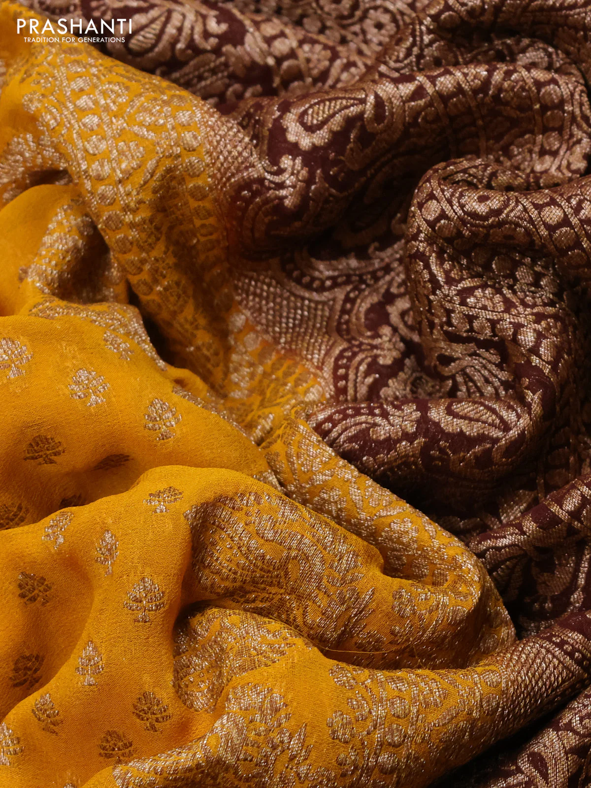 Banarasi georgette saree yellow and brown with allover thread & zari woven buttas and woven border - Image 3