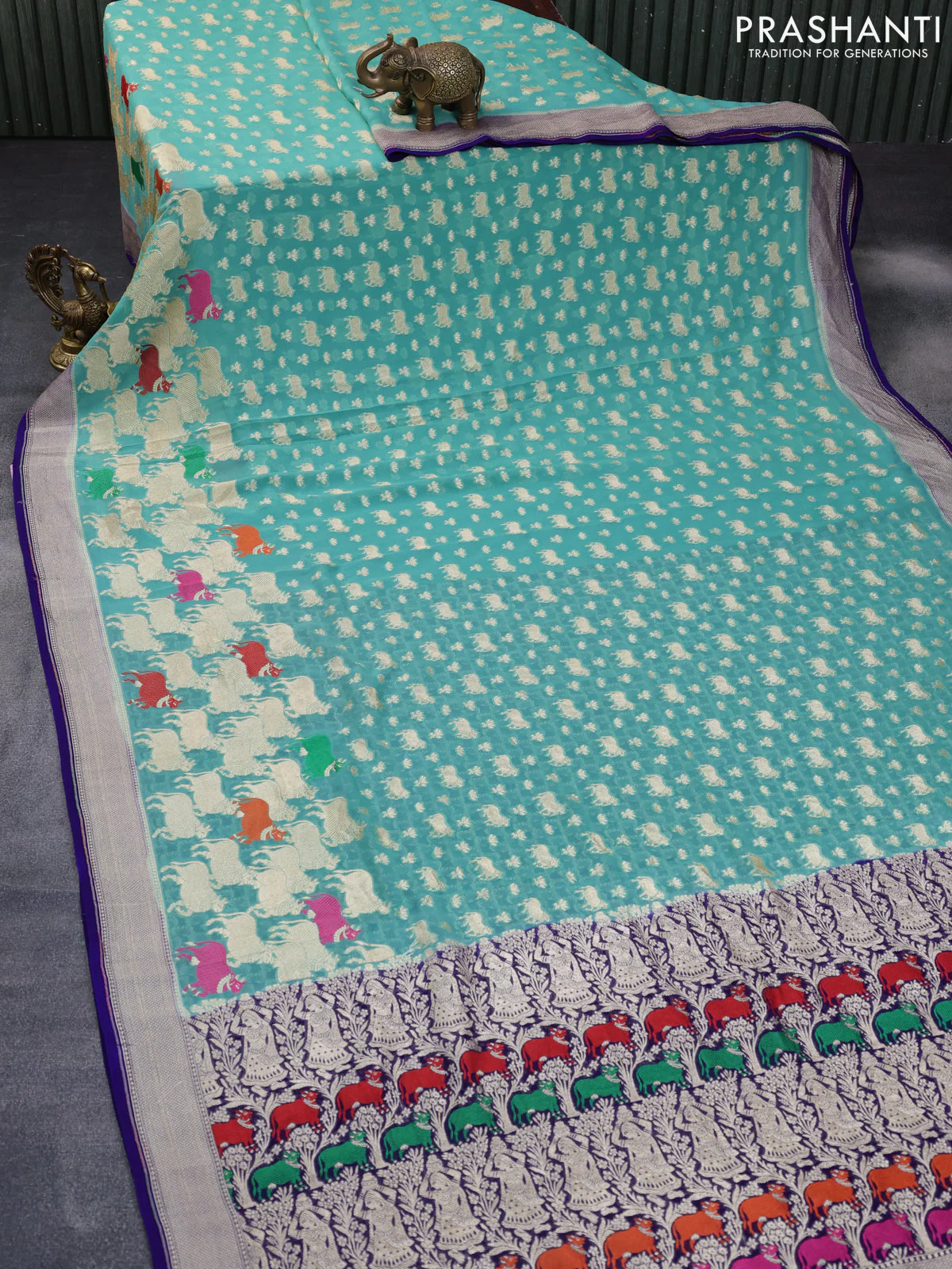 Banarasi georgette silk saree pastel green and blue with allover thread & zari weaves and zari woven border - Image 2