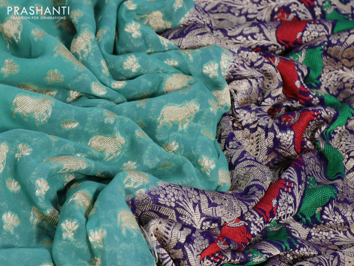 Banarasi georgette silk saree pastel green and blue with allover thread & zari weaves and zari woven border - Image 3