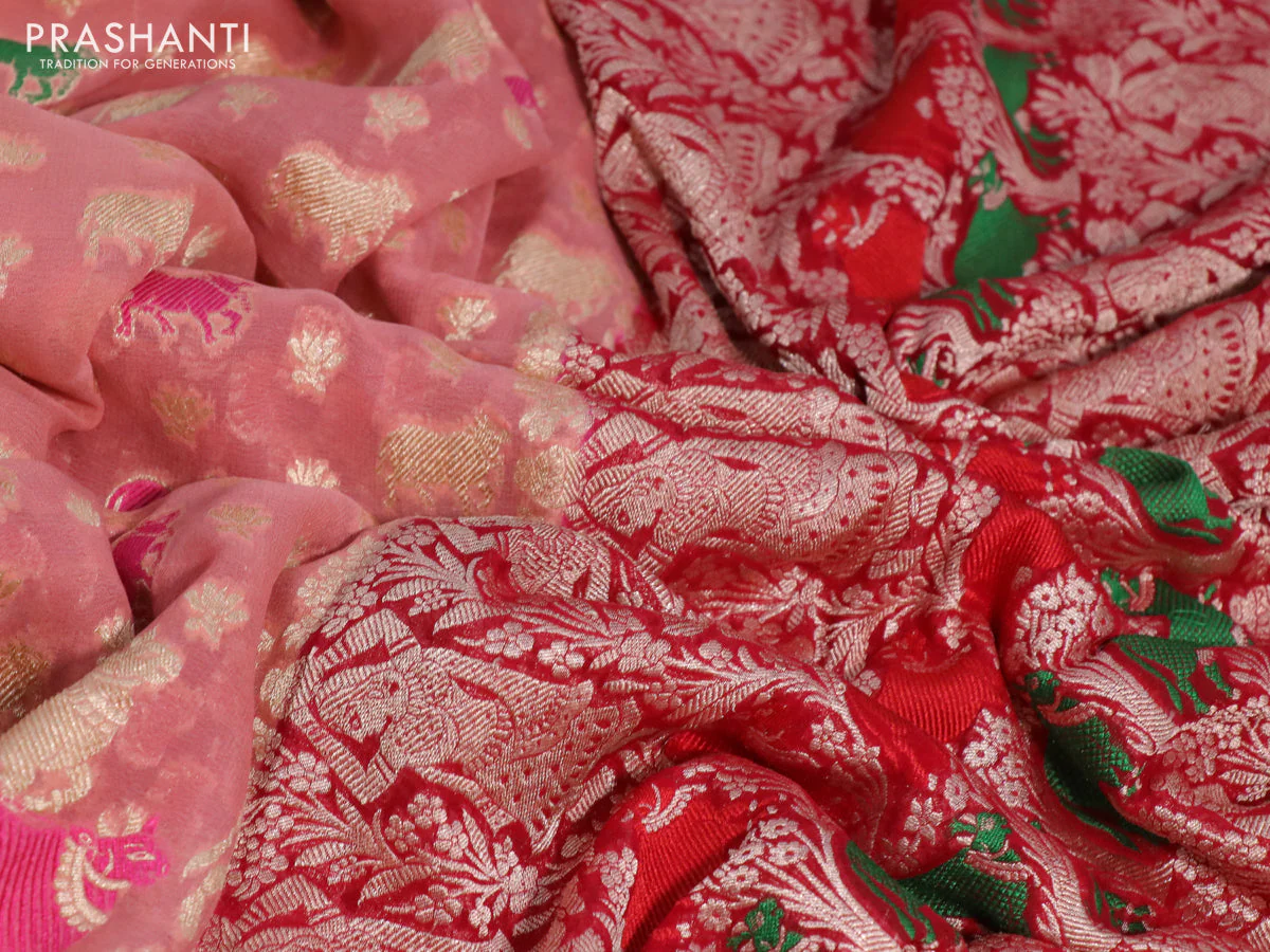 Banarasi georgette silk saree peach pink and red with allover thread & zari weaves and zari woven border - Image 3