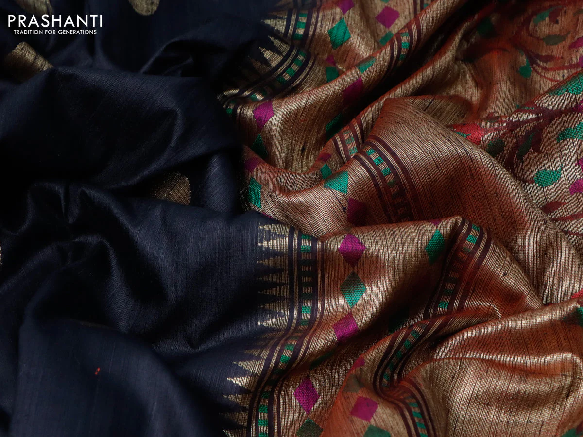 Banarasi handloom dupion silk saree black and pink with zari woven coin buttas and zari woven floral paithani border - Image 3
