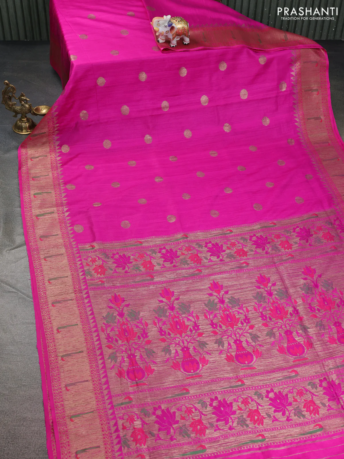 Banarasi handloom dupion silk saree pink with woven coin buttas and zari woven muniya butta border - Image 2