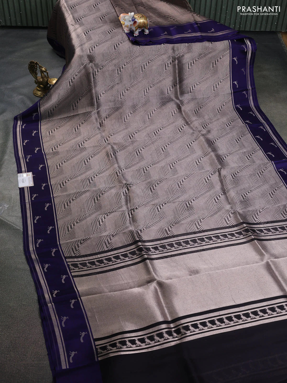 Banarasi katan silk saree blue with allover silver zari woven brocade weaves and zari woven butta border - Image 2