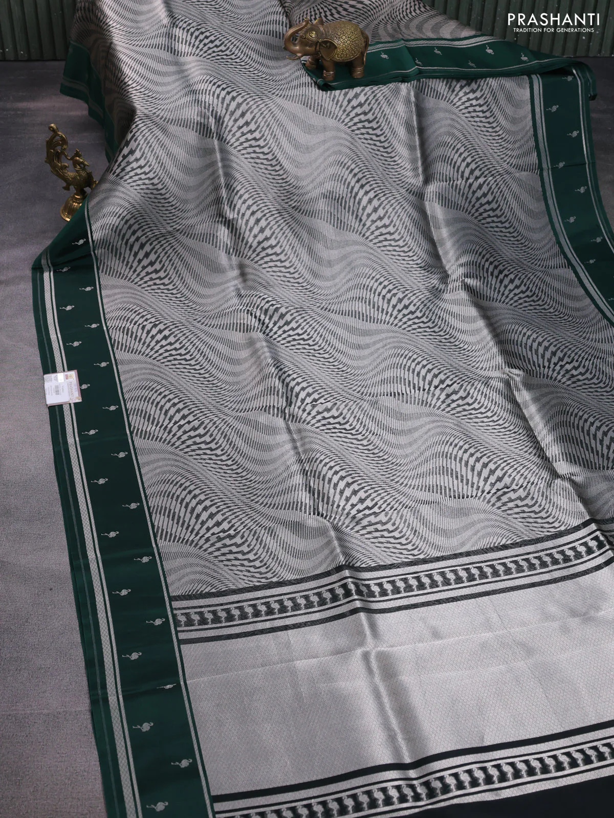Banarasi katan silk saree bottle green with allover zari woven brocade weaves and zari woven butta border - Image 2