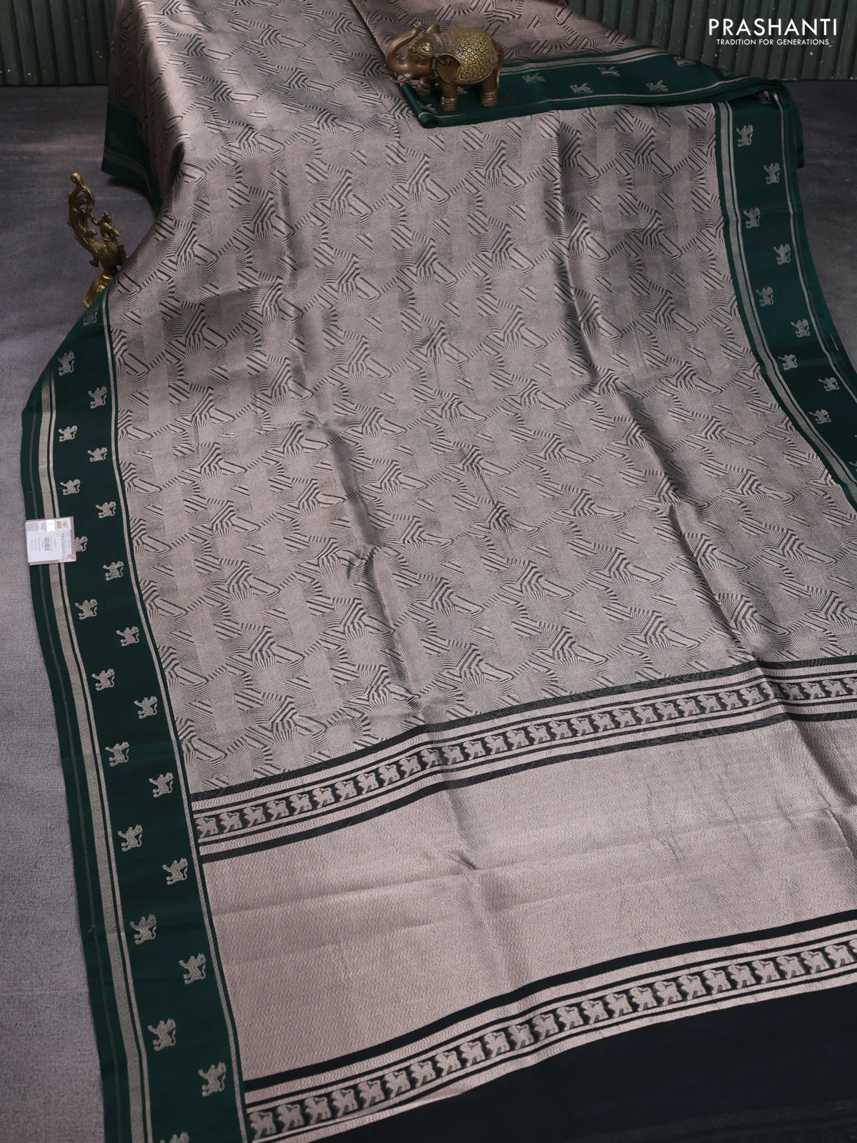 Banarasi katan silk saree bottle green with allover zari woven brocade weaves and zari woven butta border - Image 2