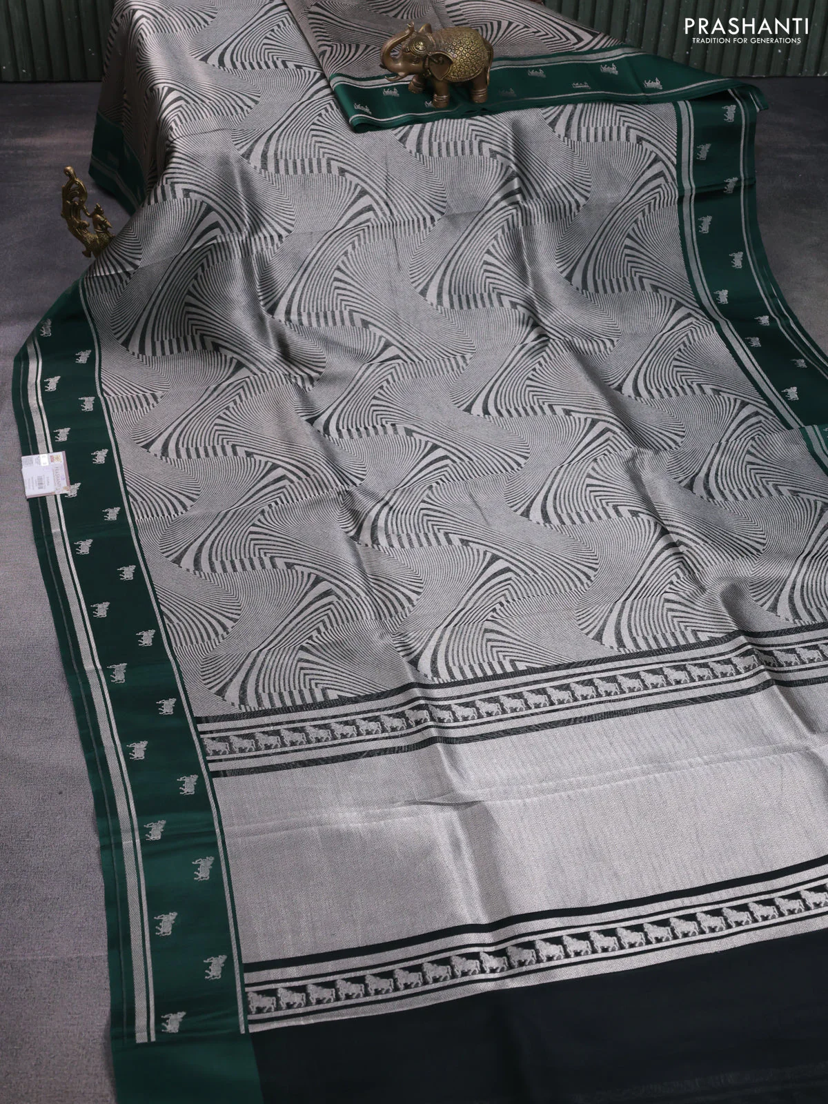 Banarasi katan silk saree bottle green with allover zari woven brocade weaves and zari woven butta border - Image 2