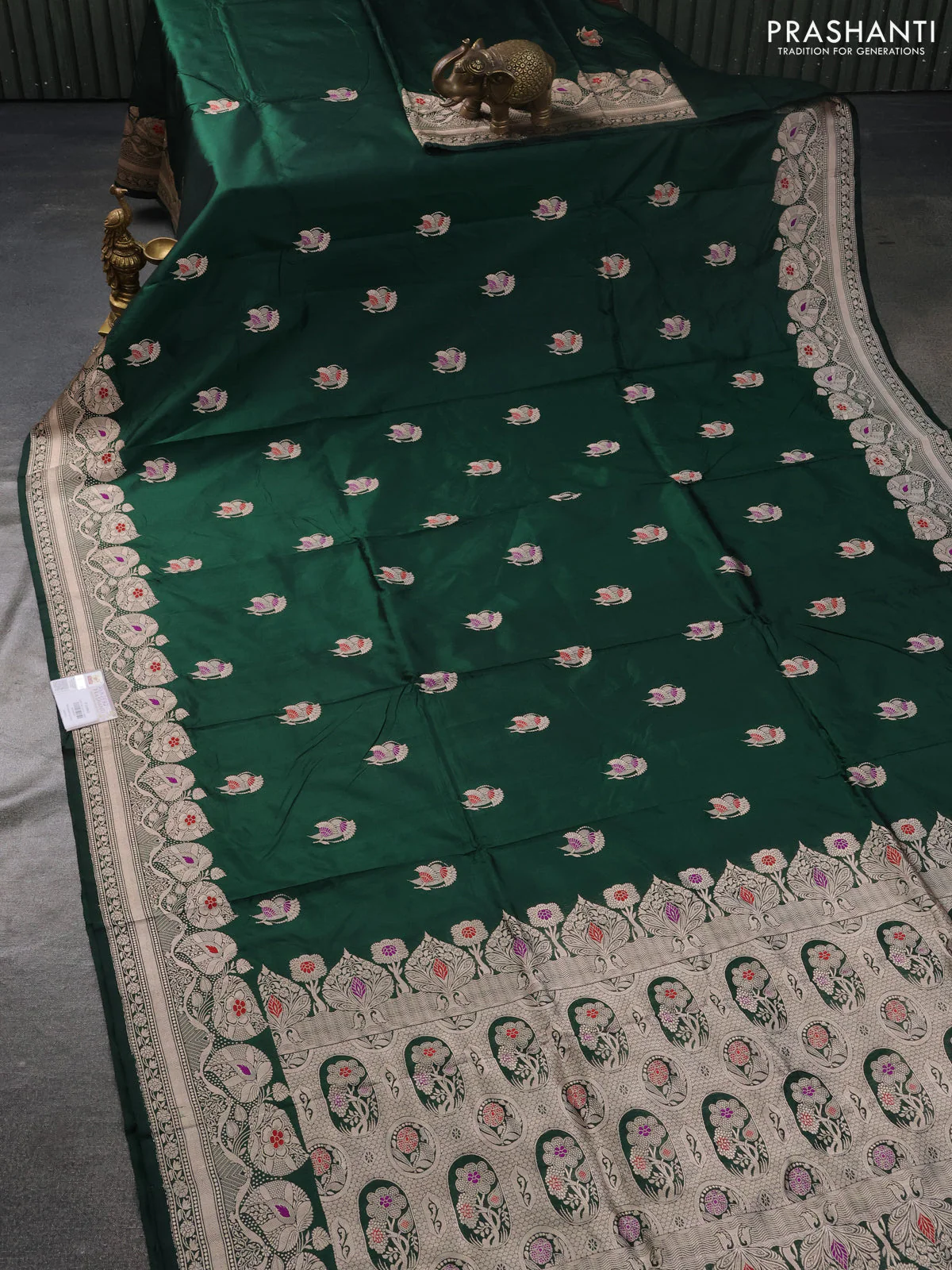 Banarasi katan silk saree bottle green with zari woven buttas and thread & zari woven border - Image 2
