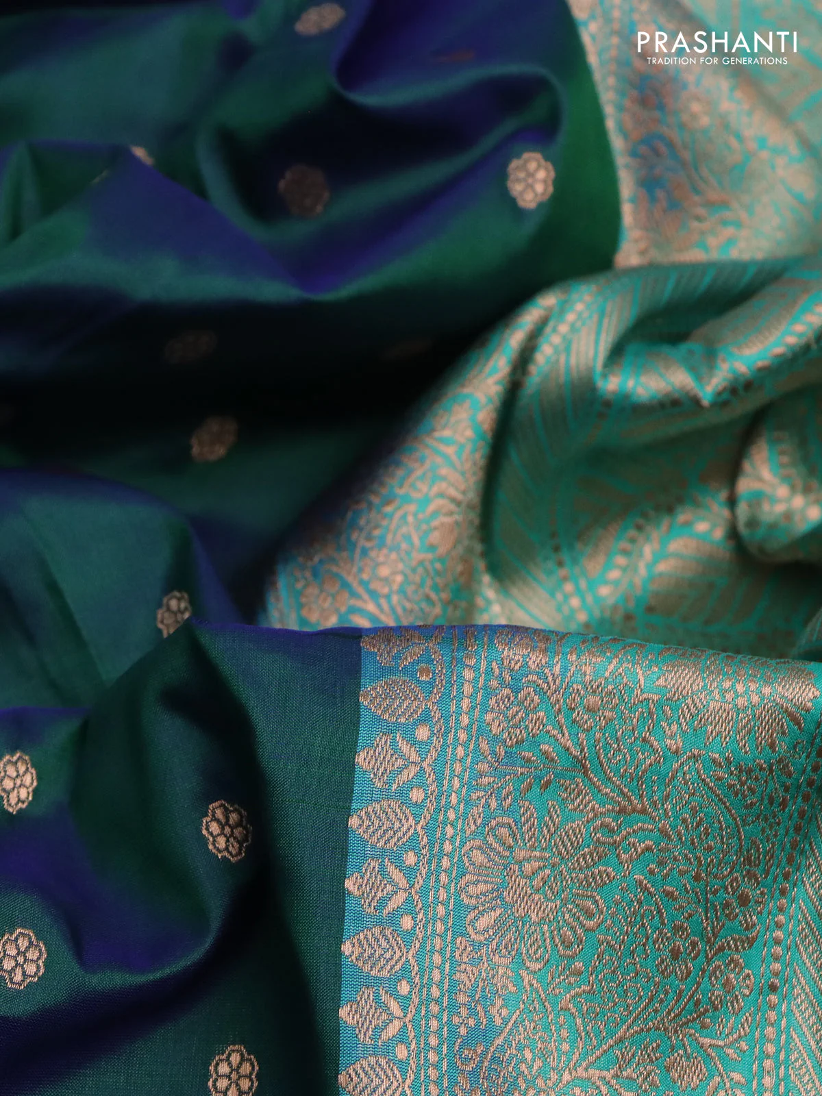 Banarasi katan silk saree dual shade of green and teal green with zari woven buttas and zari woven border - Image 3