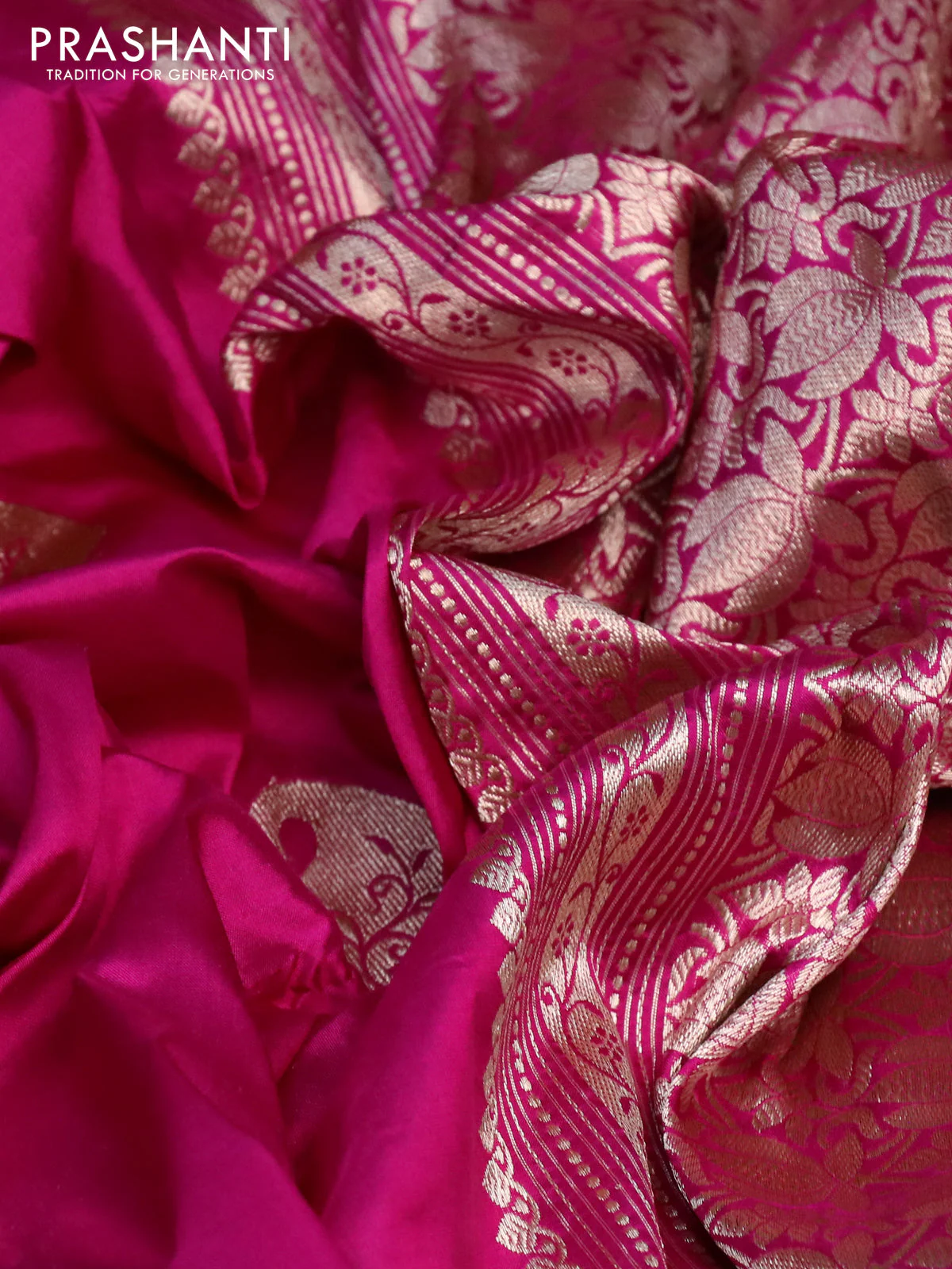 Banarasi katan silk saree magenat pink with paisley zari woven buttas in borderless style - Image 3