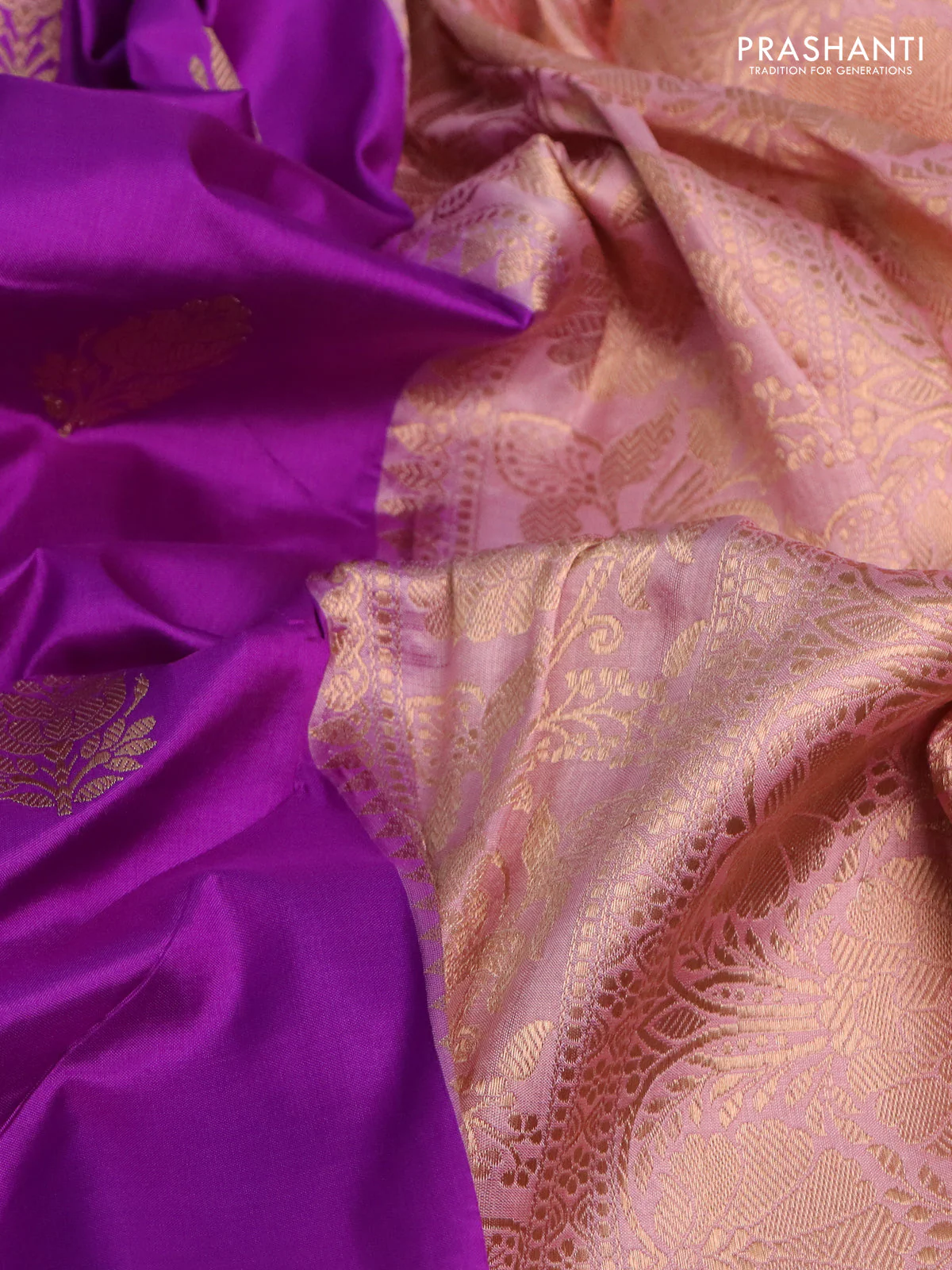 Banarasi katan silk saree purple and pastel pink with zari woven buttas and floral zari woven border - Image 3