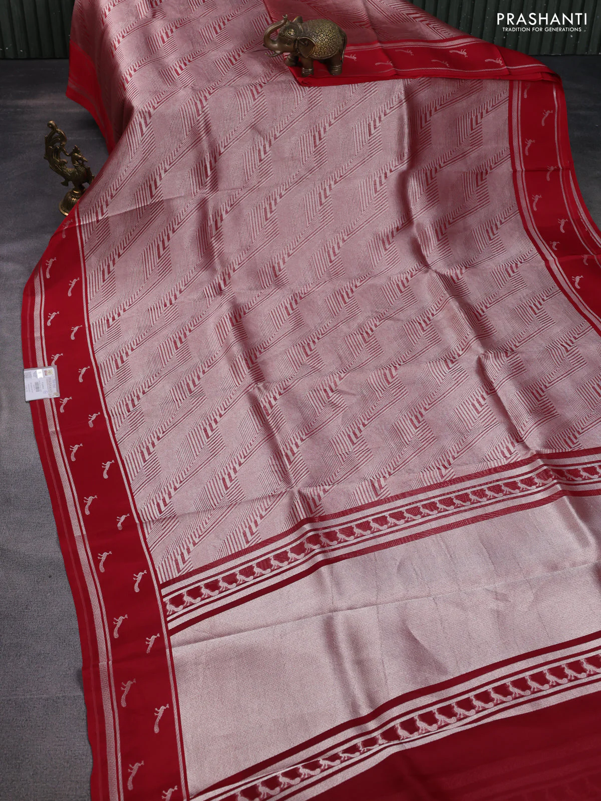 Banarasi katan silk saree red with allover silver zari woven brocade weaves and zari woven butta border - Image 2