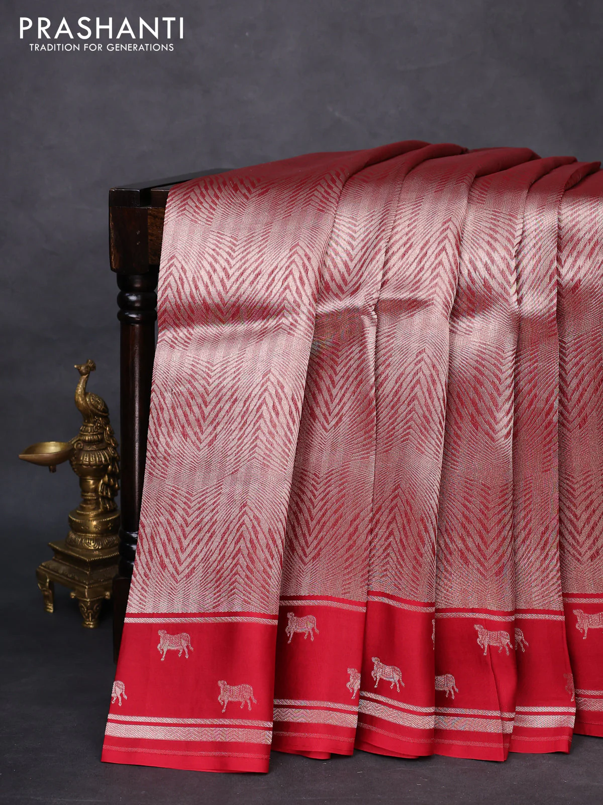 Banarasi katan silk saree red with allover silver zari woven brocade weaves and zari woven butta border