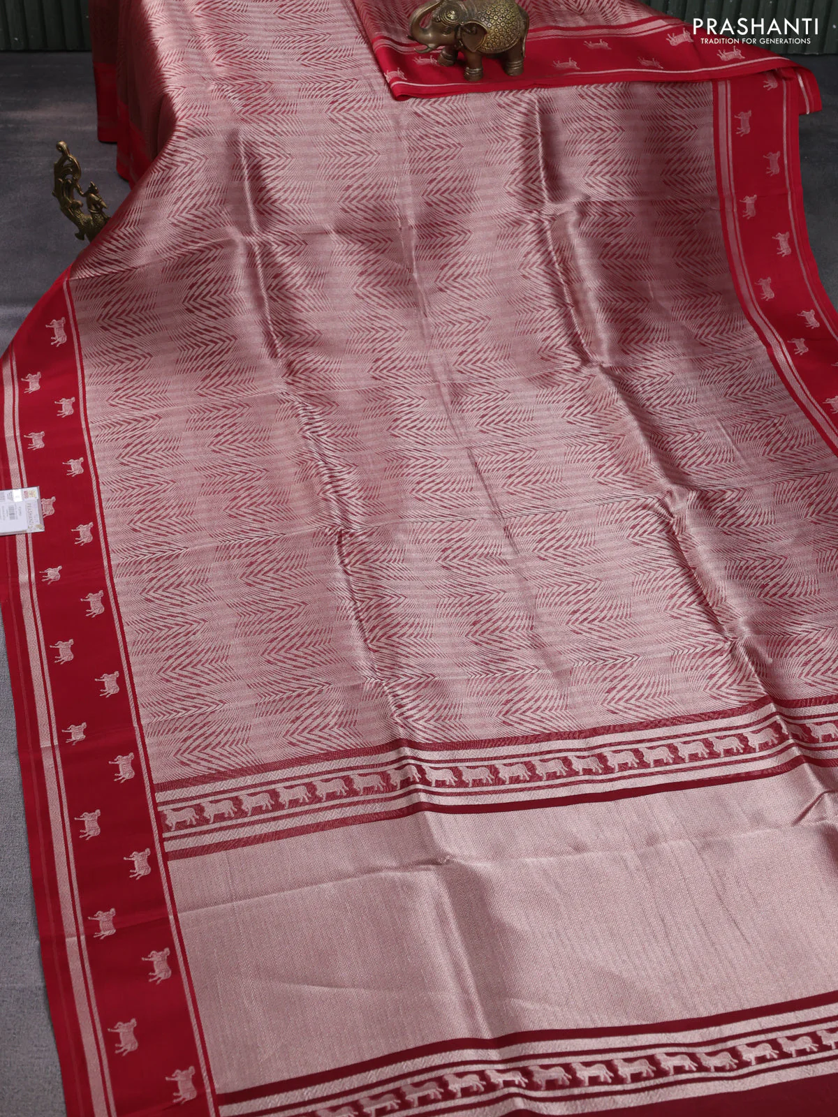 Banarasi katan silk saree red with allover silver zari woven brocade weaves and zari woven butta border - Image 2