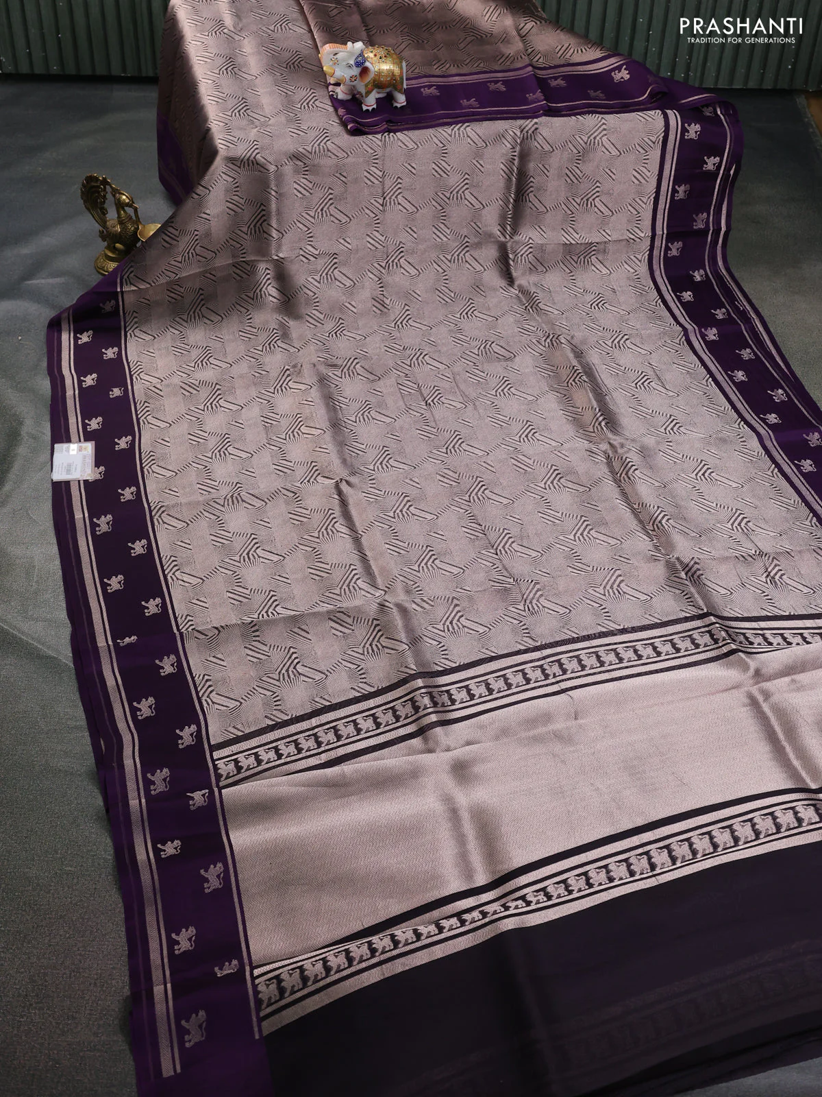 Banarasi katan silk saree violet with allover silver zari woven brocade weaves and zari woven butta border - Image 2