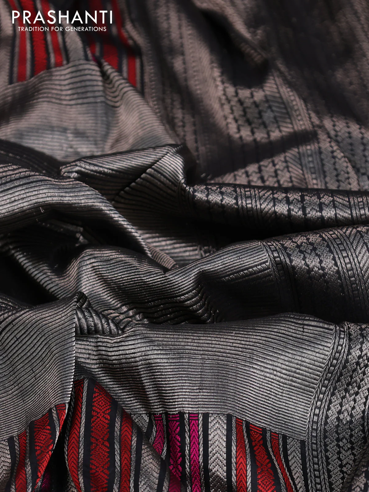 Banarasi katan tissue silk saree black with allover zari weaves and long thread & zari woven border - Image 10