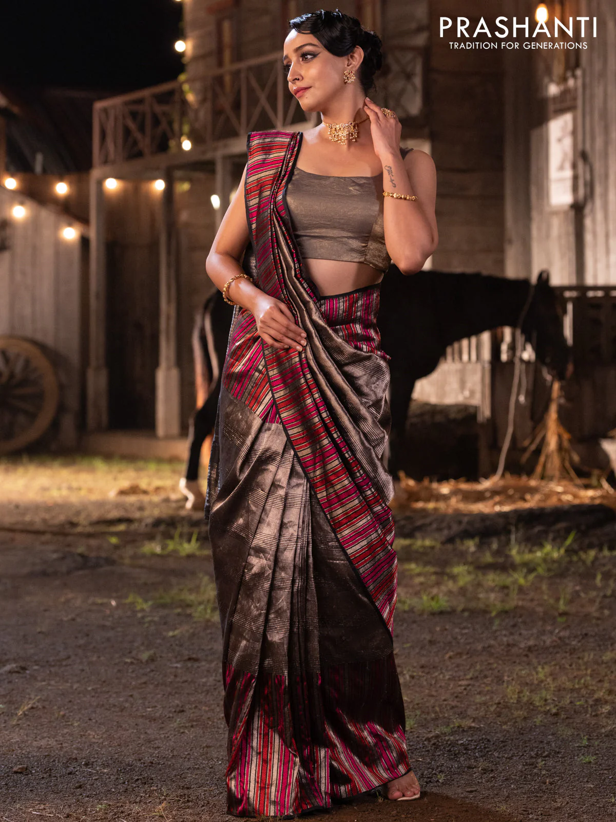 Banarasi katan tissue silk saree black with allover zari weaves and long thread & zari woven border - Image 3