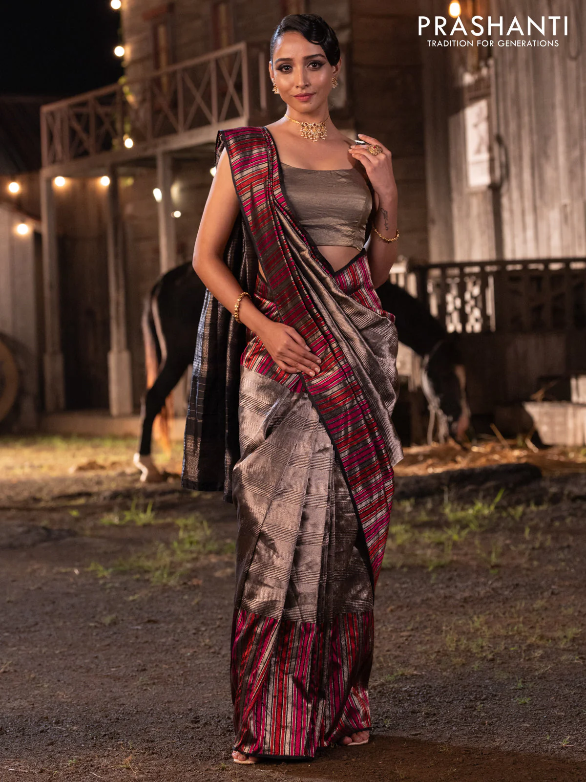 Banarasi katan tissue silk saree black with allover zari weaves and long thread & zari woven border - Image 4