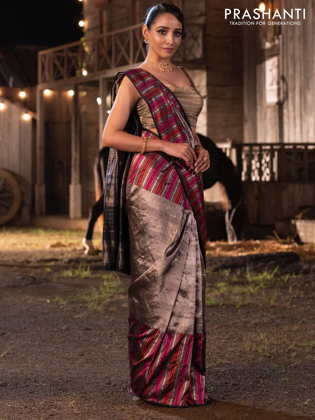 Banarasi katan tissue silk saree black with allover zari weaves and long thread & zari woven border - Image 5