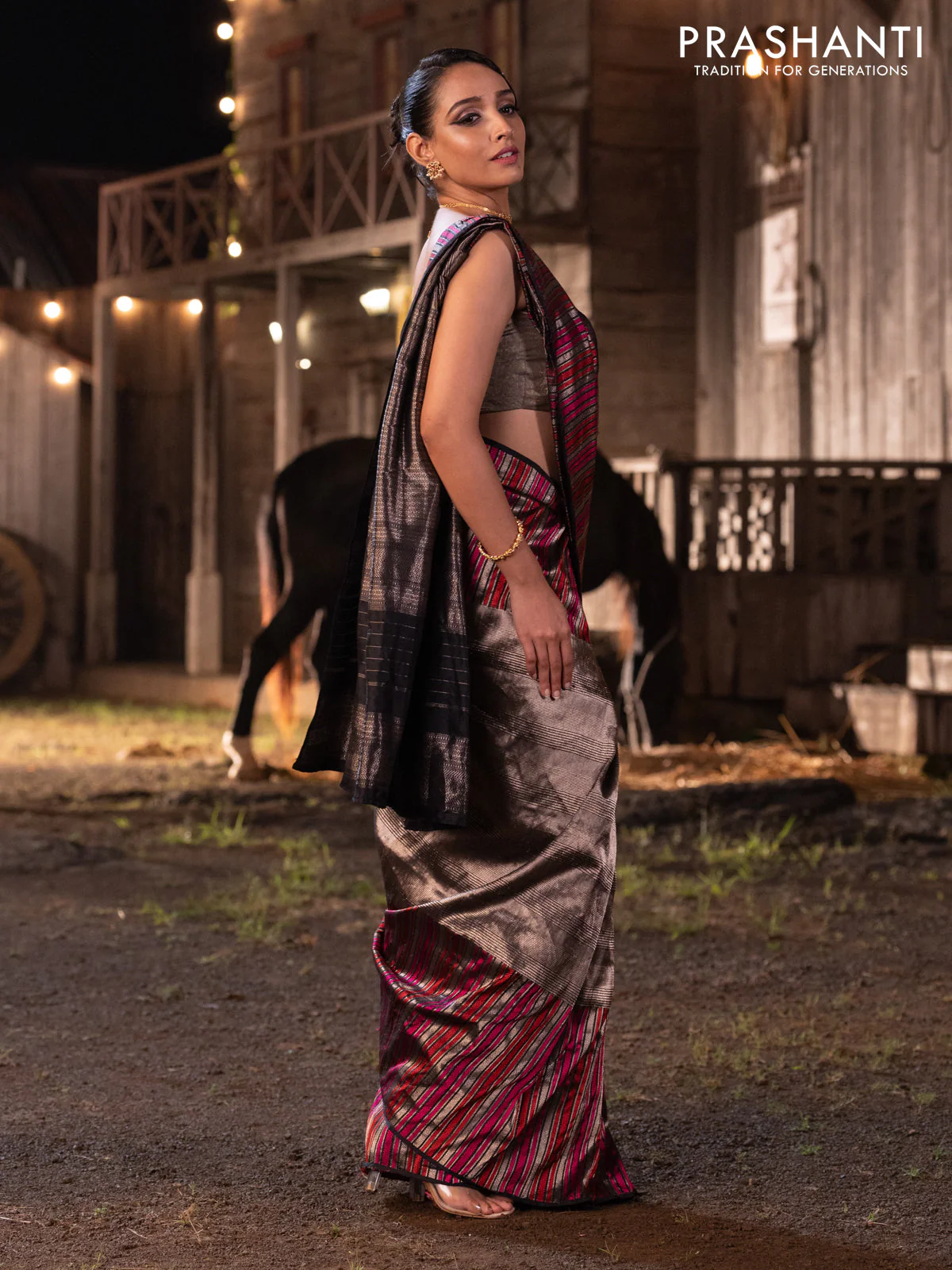 Banarasi katan tissue silk saree black with allover zari weaves and long thread & zari woven border - Image 6
