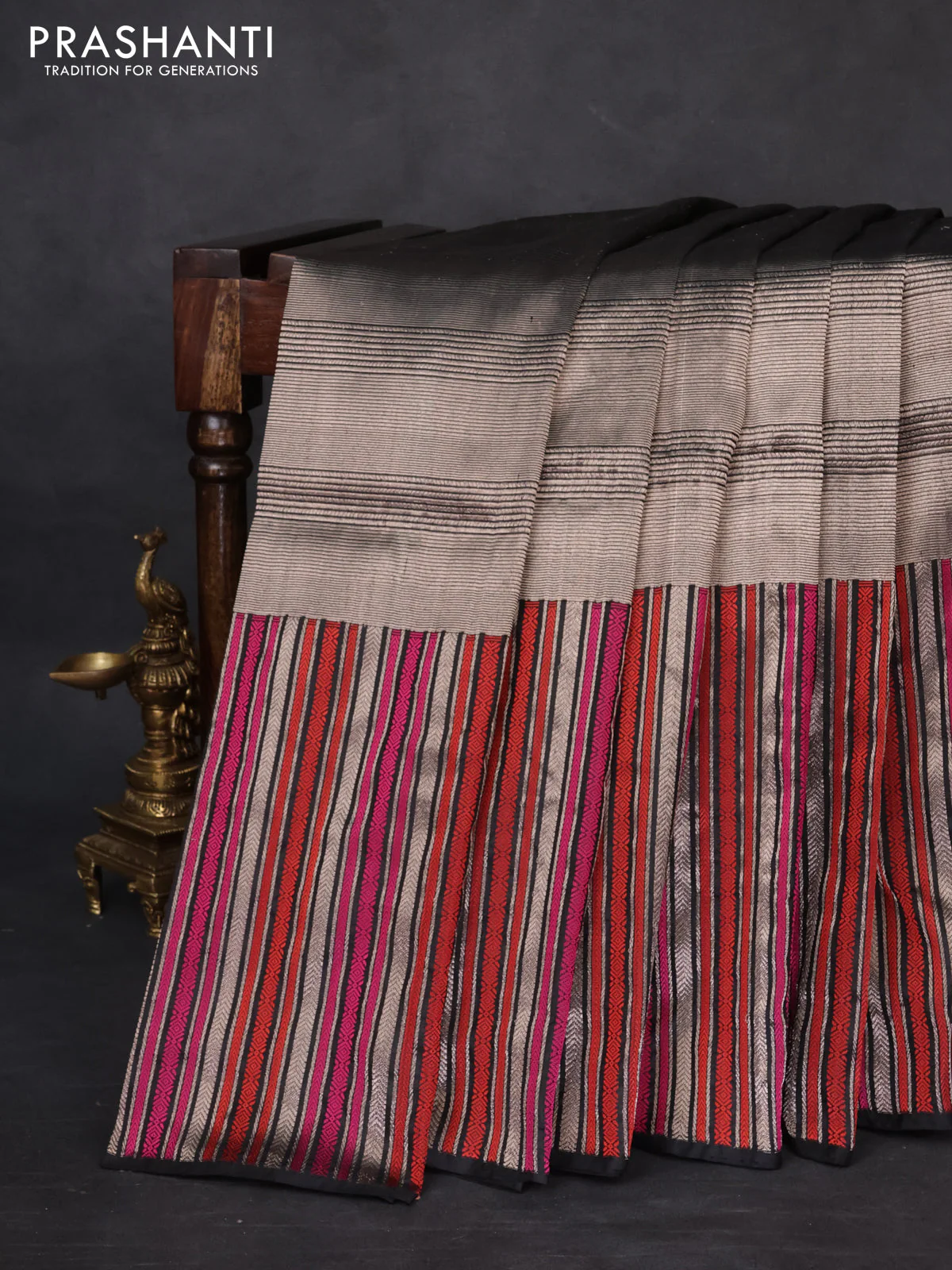 Banarasi katan tissue silk saree black with allover zari weaves and long thread & zari woven border - Image 7