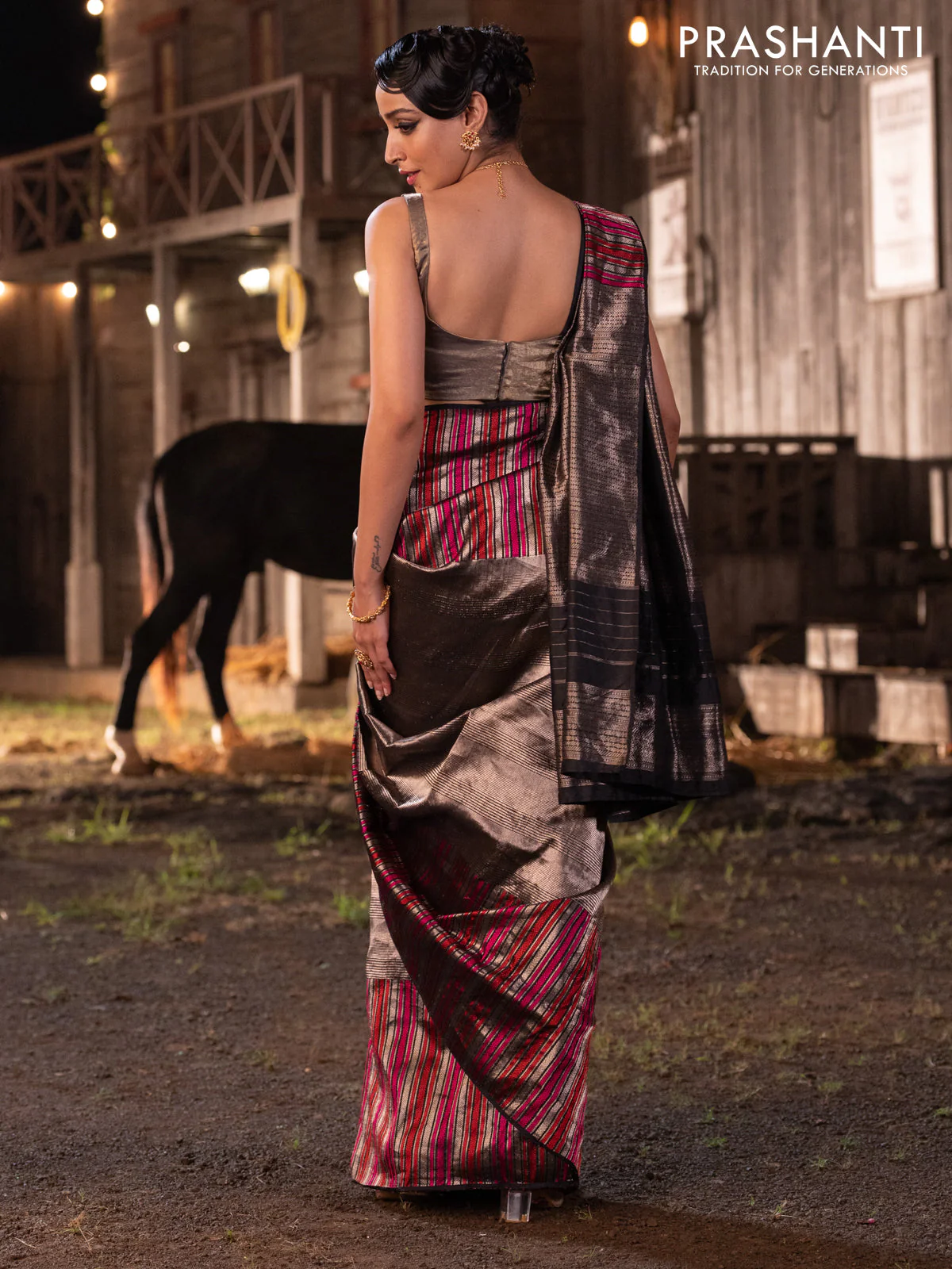 Banarasi katan tissue silk saree black with allover zari weaves and long thread & zari woven border - Image 8