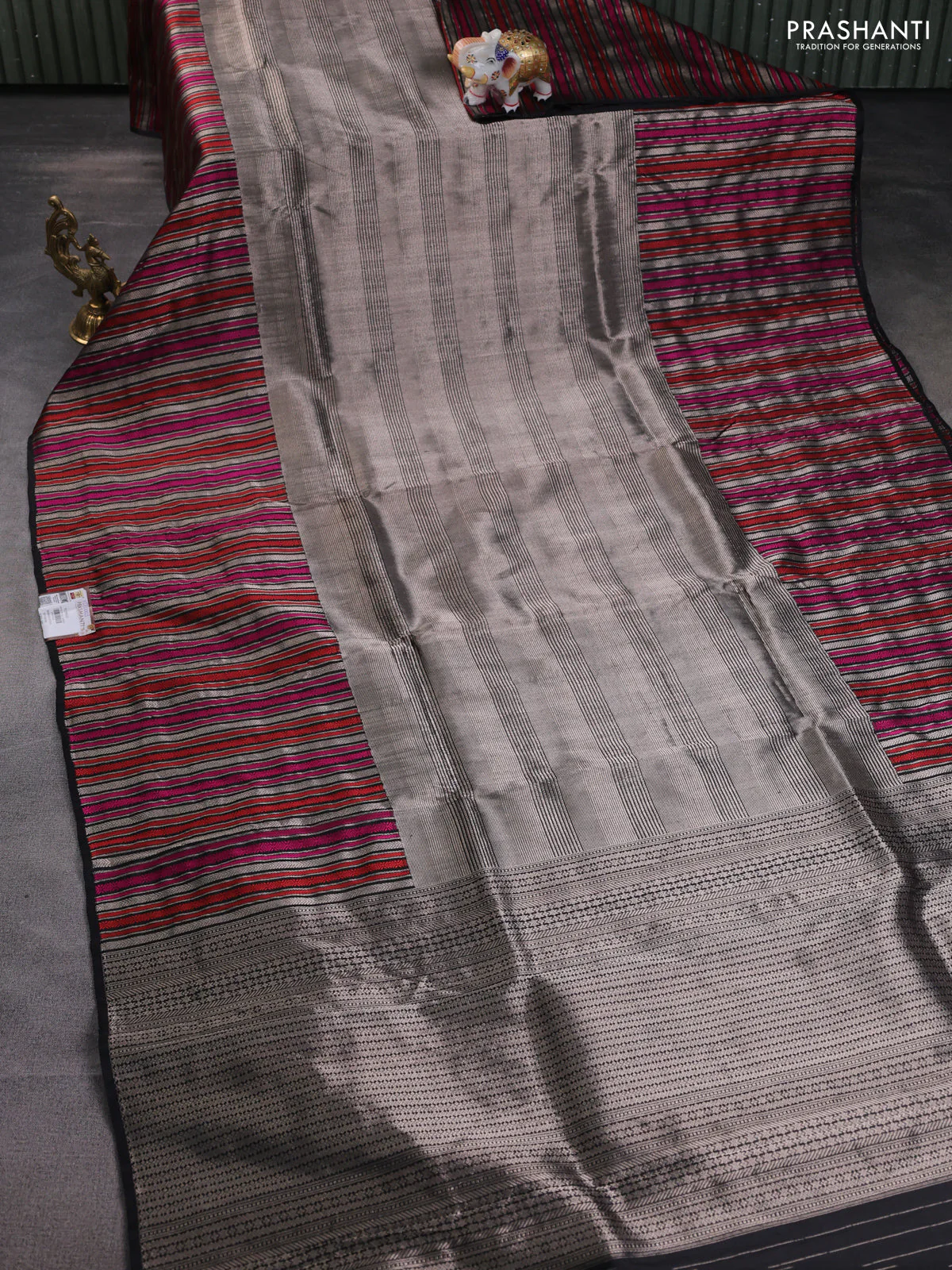 Banarasi katan tissue silk saree black with allover zari weaves and long thread & zari woven border - Image 9