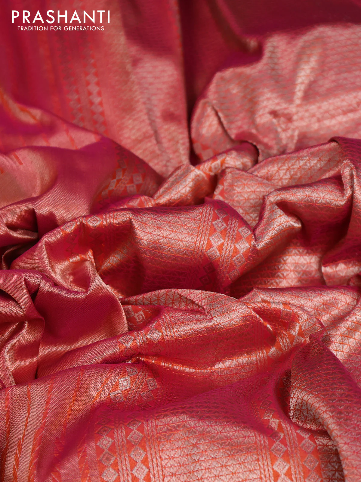 Banarasi katan tissue silk saree dual shade of orange with plain body and long temple design zari woven border - Image 10