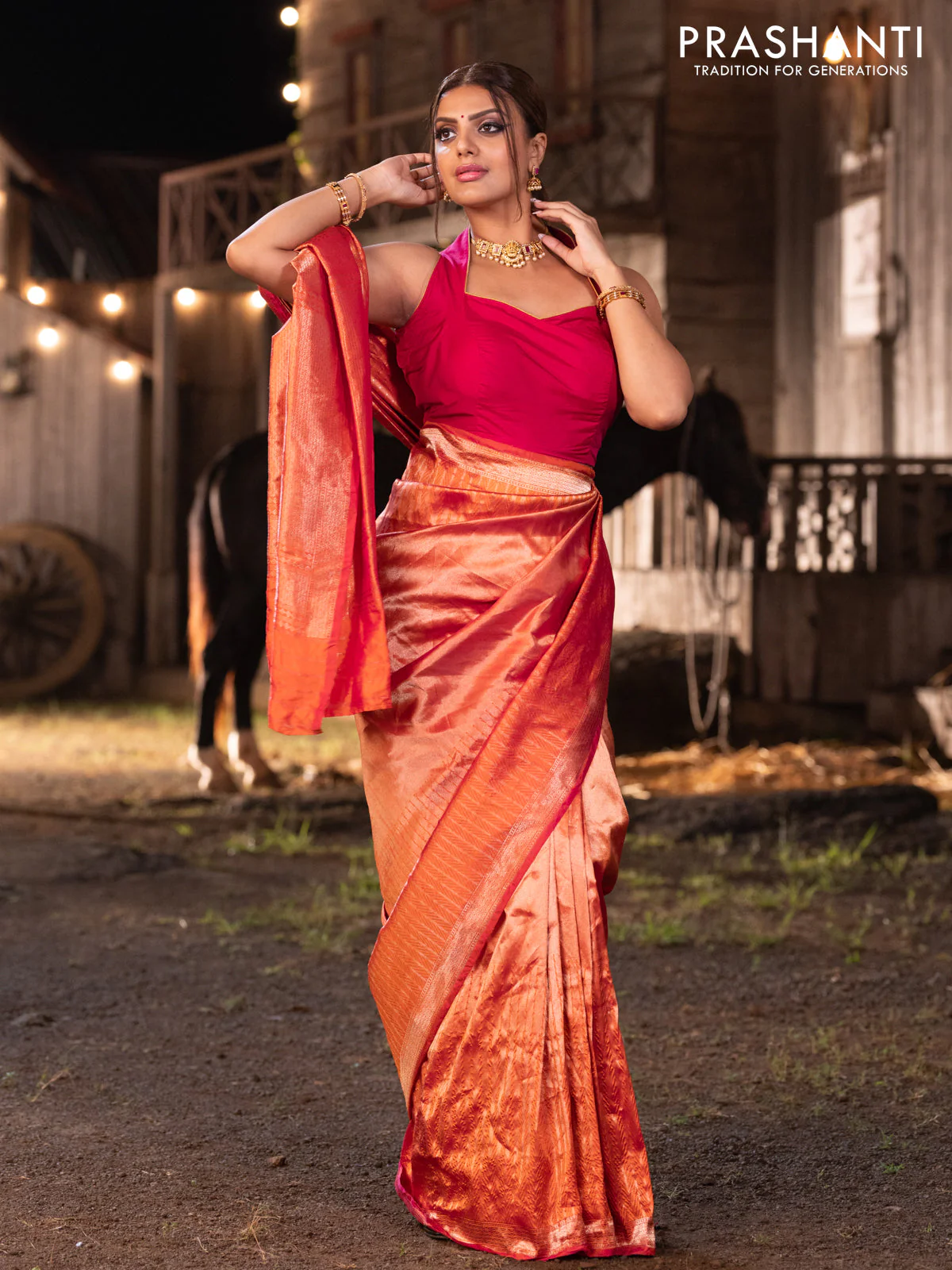 Banarasi katan tissue silk saree dual shade of orange with plain body and long temple design zari woven border - Image 3