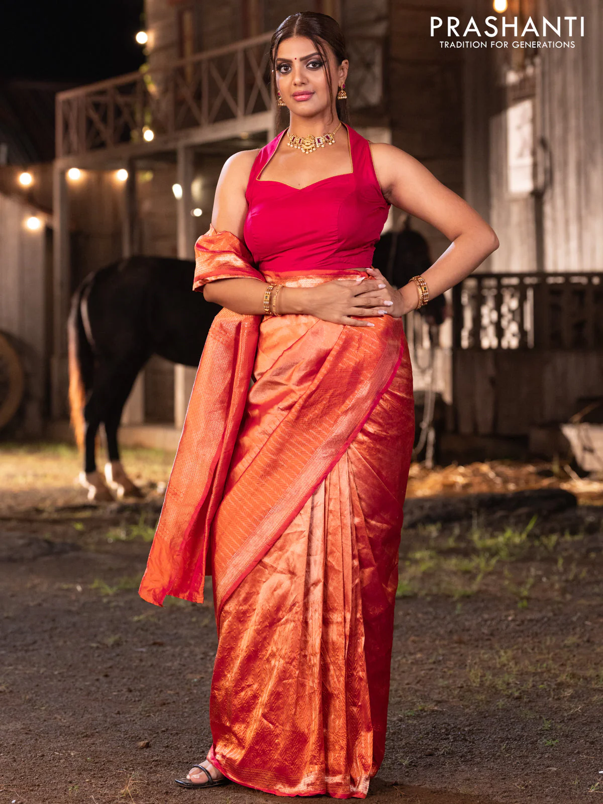 Banarasi katan tissue silk saree dual shade of orange with plain body and long temple design zari woven border - Image 4