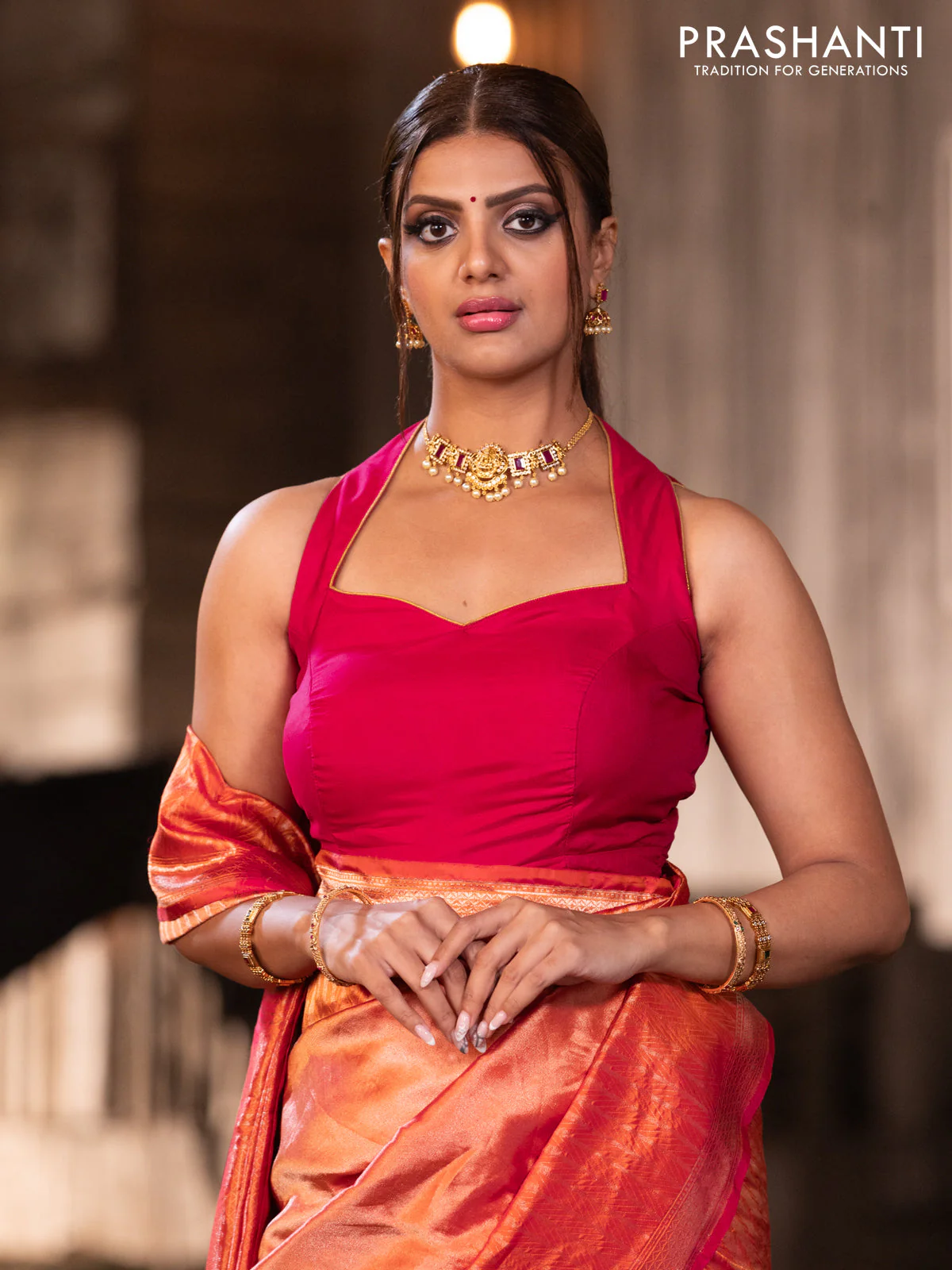 Banarasi katan tissue silk saree dual shade of orange with plain body and long temple design zari woven border - Image 5