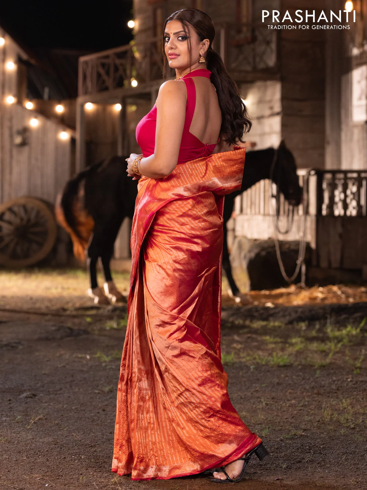 Banarasi katan tissue silk saree dual shade of orange with plain body and long temple design zari woven border - Image 6