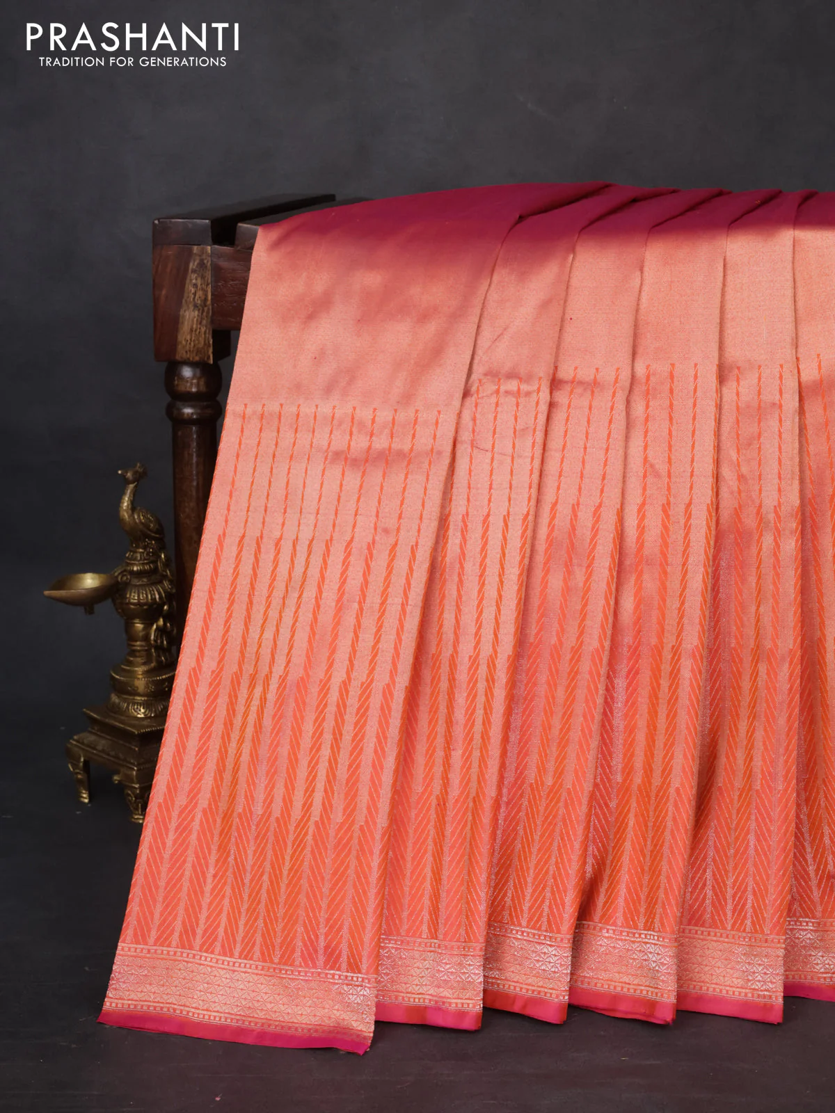 Banarasi katan tissue silk saree dual shade of orange with plain body and long temple design zari woven border - Image 8