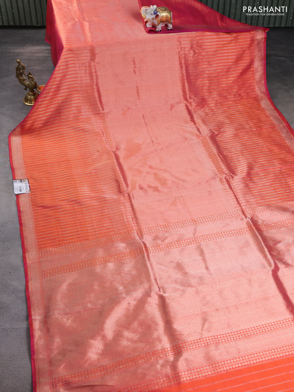 Banarasi katan tissue silk saree dual shade of orange with plain body and long temple design zari woven border - Image 9