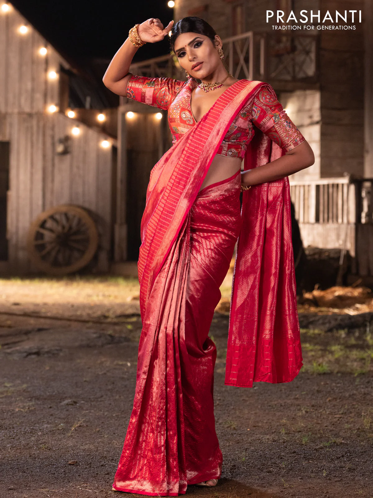 Banarasi katan tissue silk saree dual shade of pink with plain body and long temple design zari woven border - Image 4