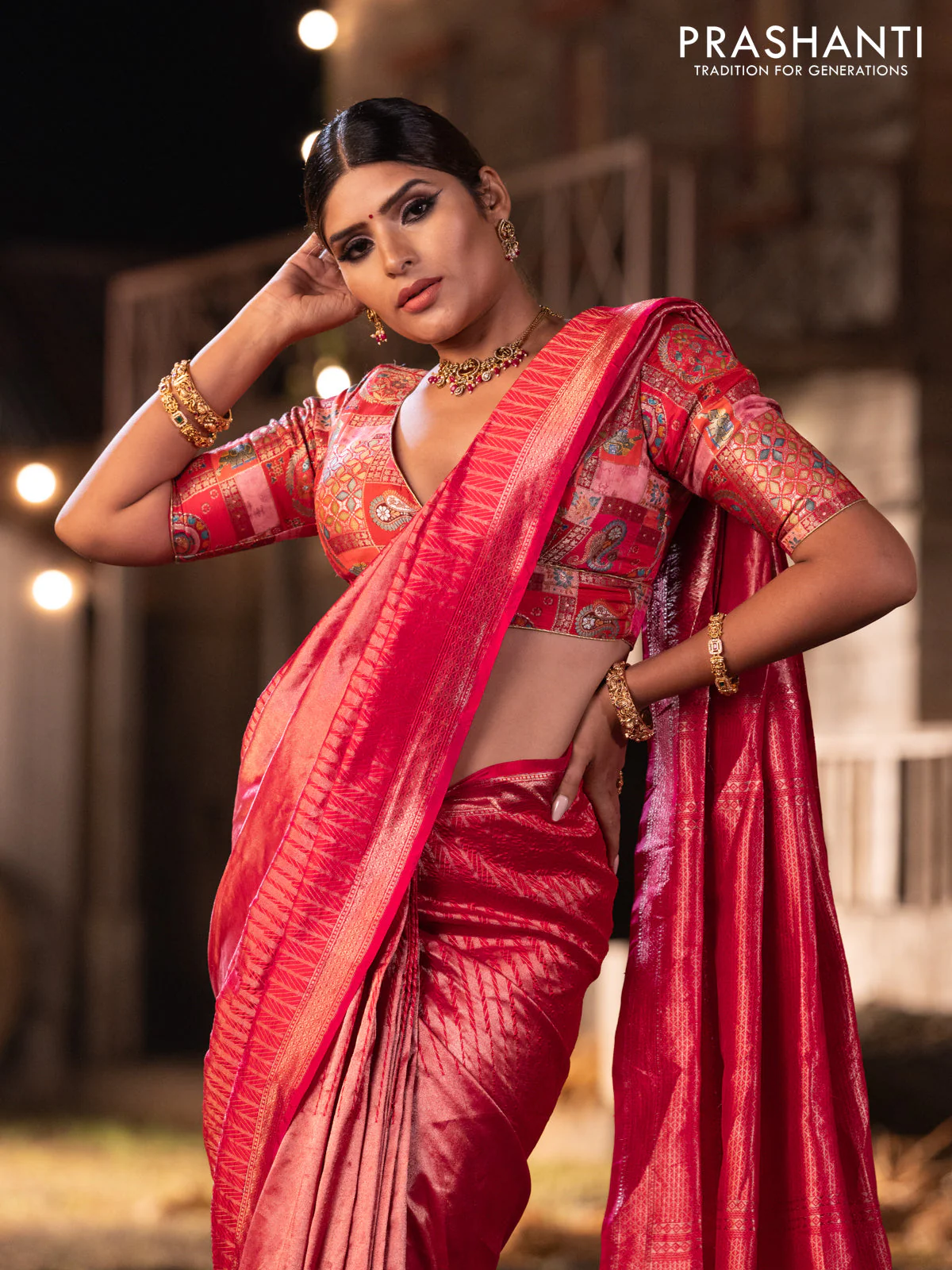 Banarasi katan tissue silk saree dual shade of pink with plain body and long temple design zari woven border - Image 5