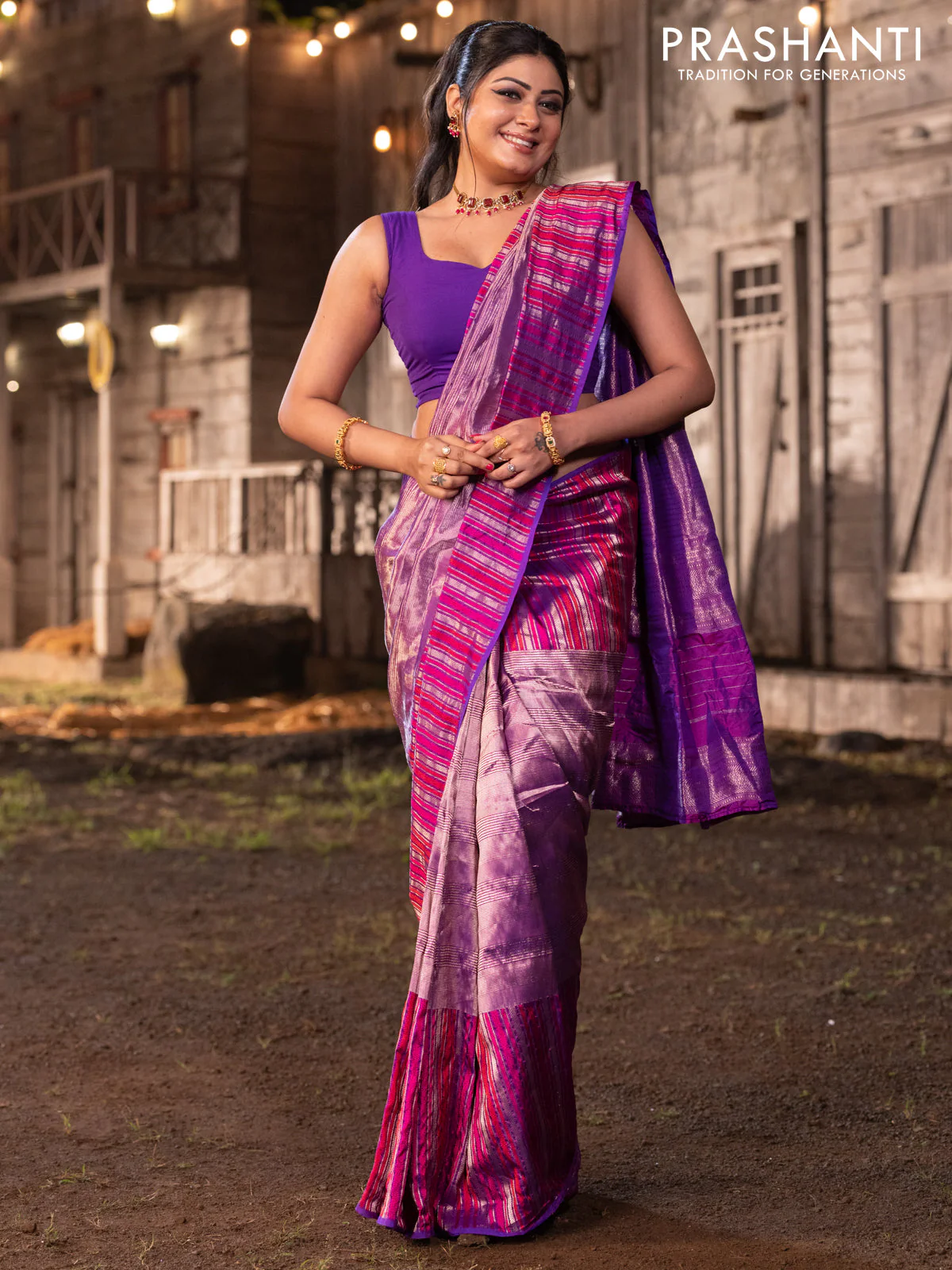 Banarasi katan tissue silk saree purple with plain body and rich zari border - Image 3