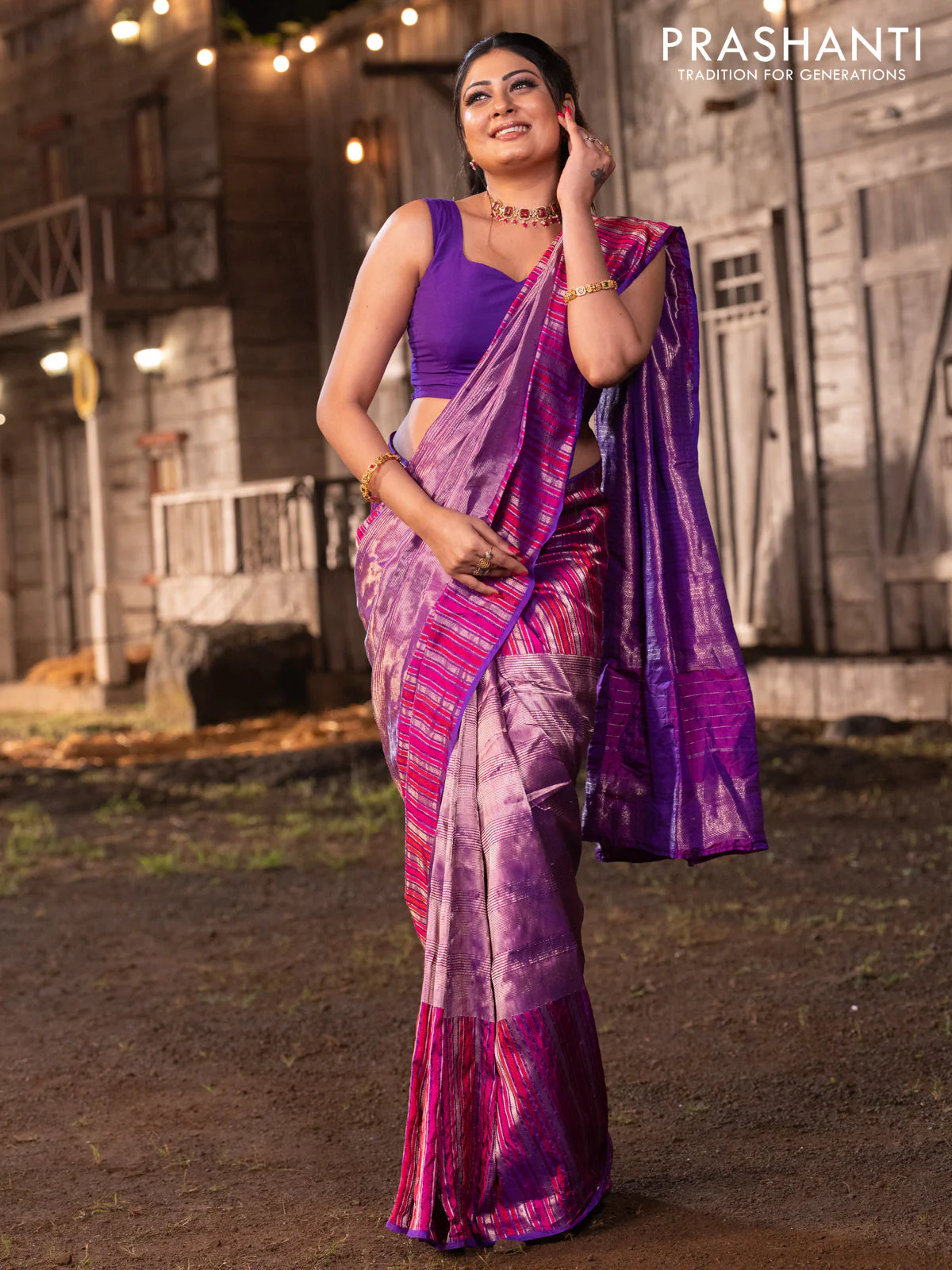 Banarasi katan tissue silk saree purple with plain body and rich zari border - Image 4