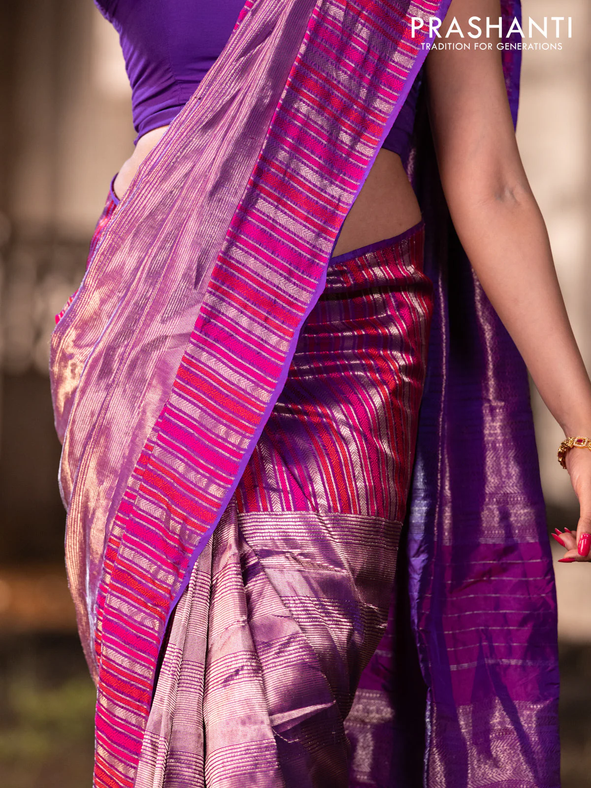 Banarasi katan tissue silk saree purple with plain body and rich zari border - Image 5