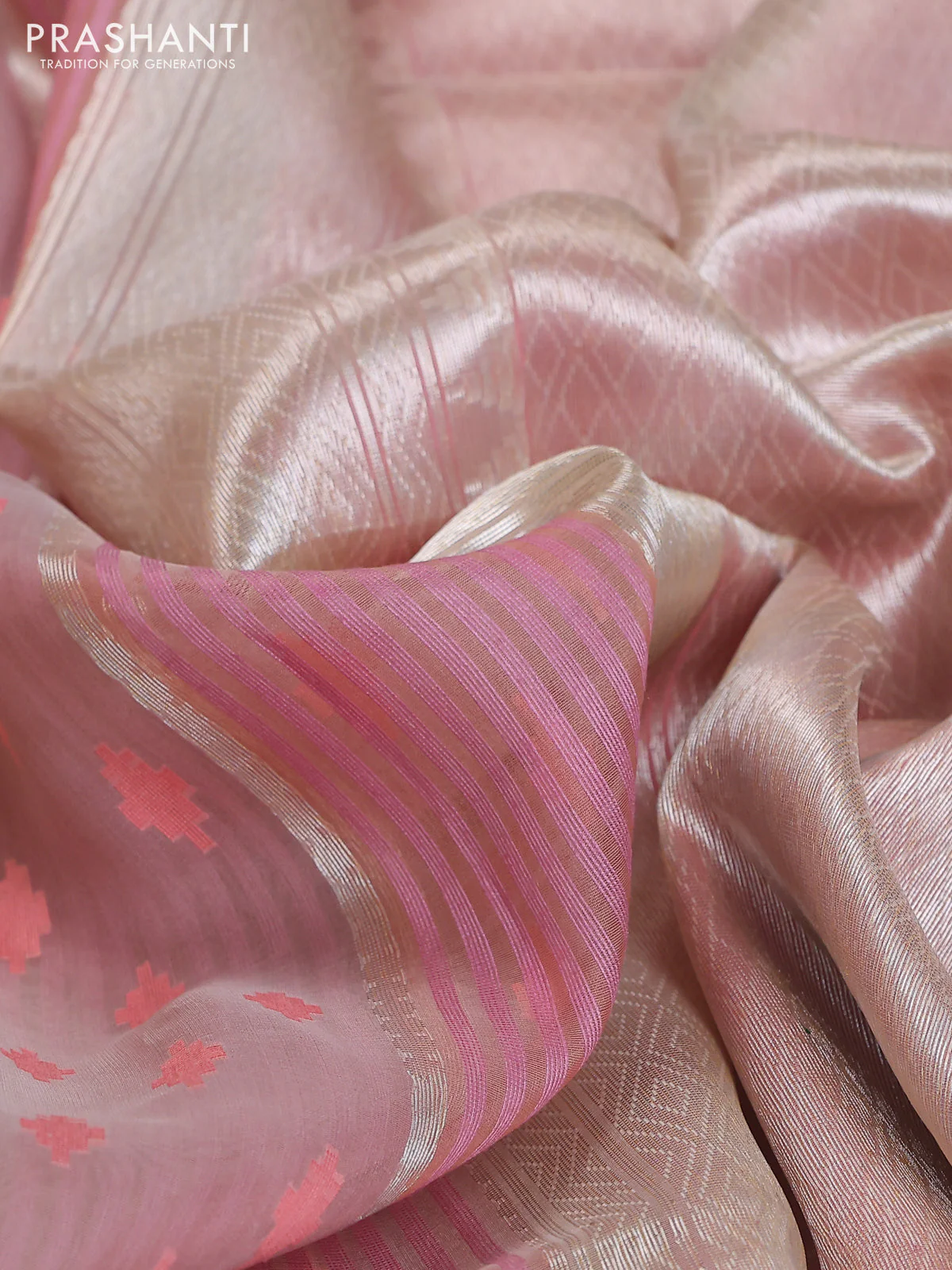 Banarasi Kora silk saree beige and pastel pink with allover jamdhani weaving - Image 3